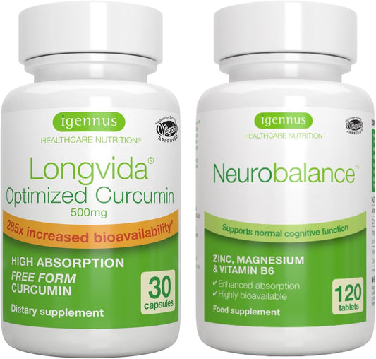 Igennus Longvida Curcumin 500mg + Neurobalance Zinc Magnesium B6 Bundle - High Absorption, Vegan, Bioavailable Formula