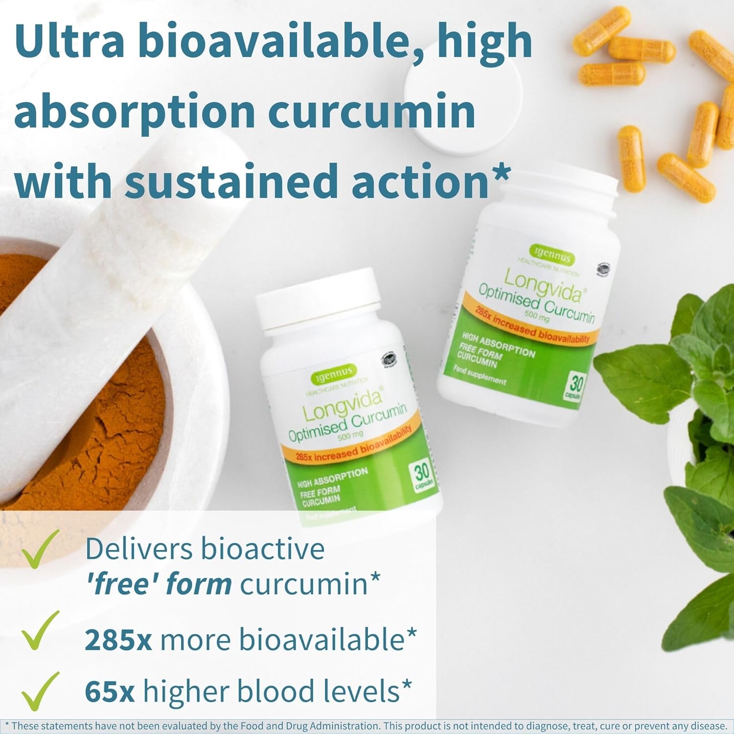 Igennus Longvida Lipidated Curcumin 500mg Capsules - Vegan & Bioavailable Formula for Sustained Action - 180 Count