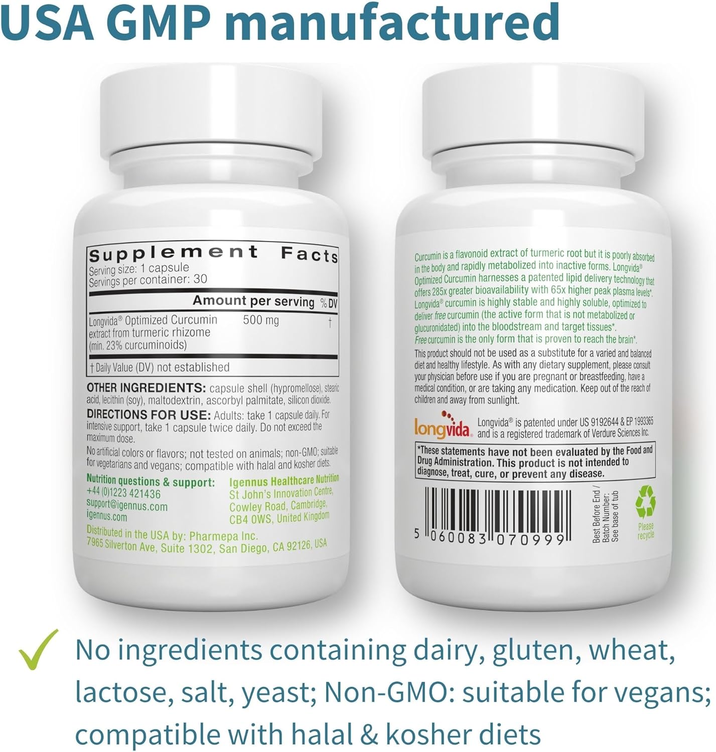 Igennus Longvida Lipidated Curcumin 500mg Capsules - Vegan & Bioavailable Formula for Sustained Action - 180 Count