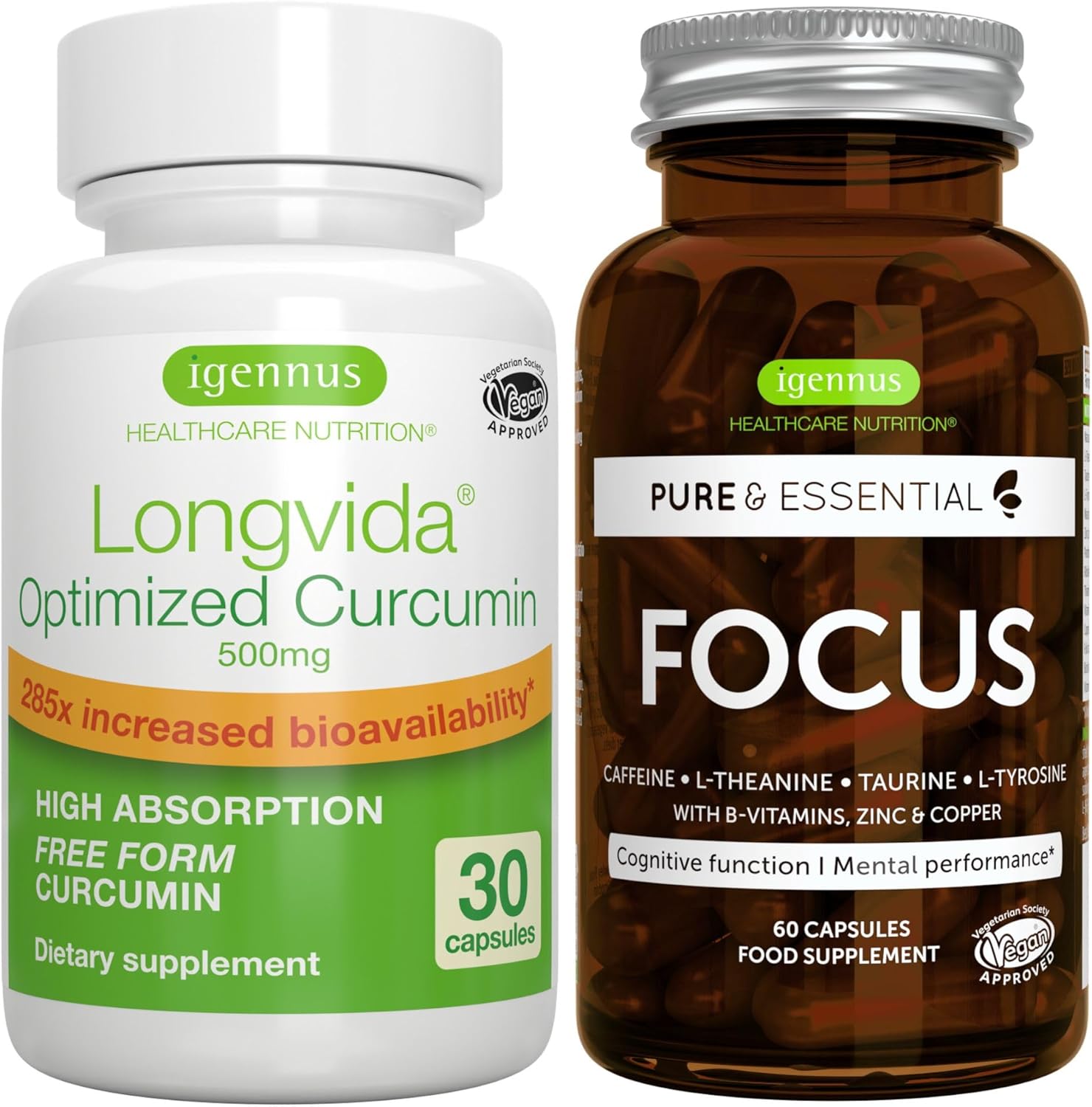 Igennus Longvida Lipidated Curcumin 500mg + Focus Brain Booster Bundle - Vegan, Ultra Bioavailable Curcumin with Caffeine, L-Theanine, Taurine, L-Tyrosine, B-Vitamins, Zinc & Copper