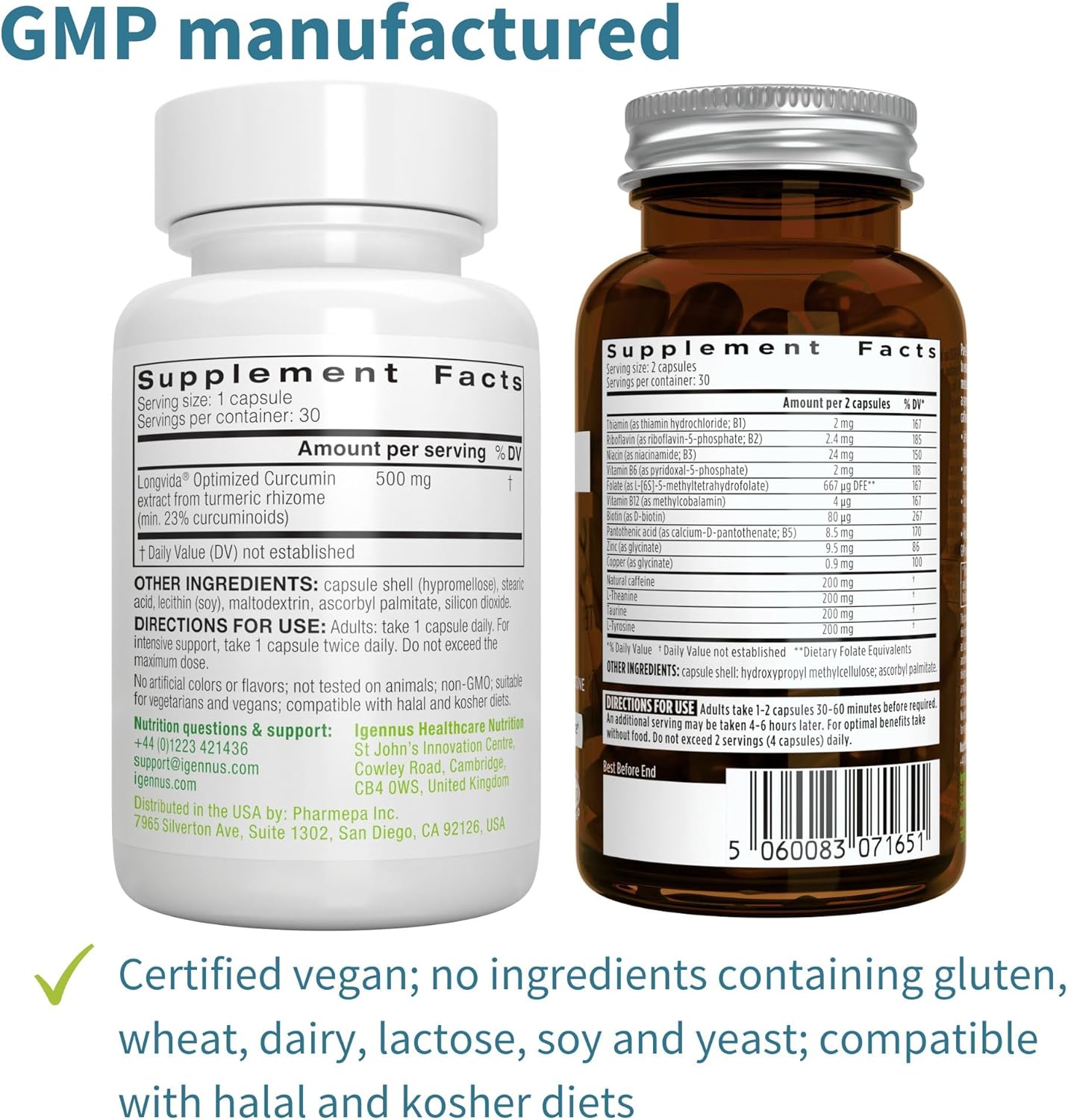 Igennus Longvida Lipidated Curcumin 500mg + Focus Brain Booster Bundle - Vegan, Ultra Bioavailable Curcumin with Caffeine, L-Theanine, Taurine, L-Tyrosine, B-Vitamins, Zinc & Copper