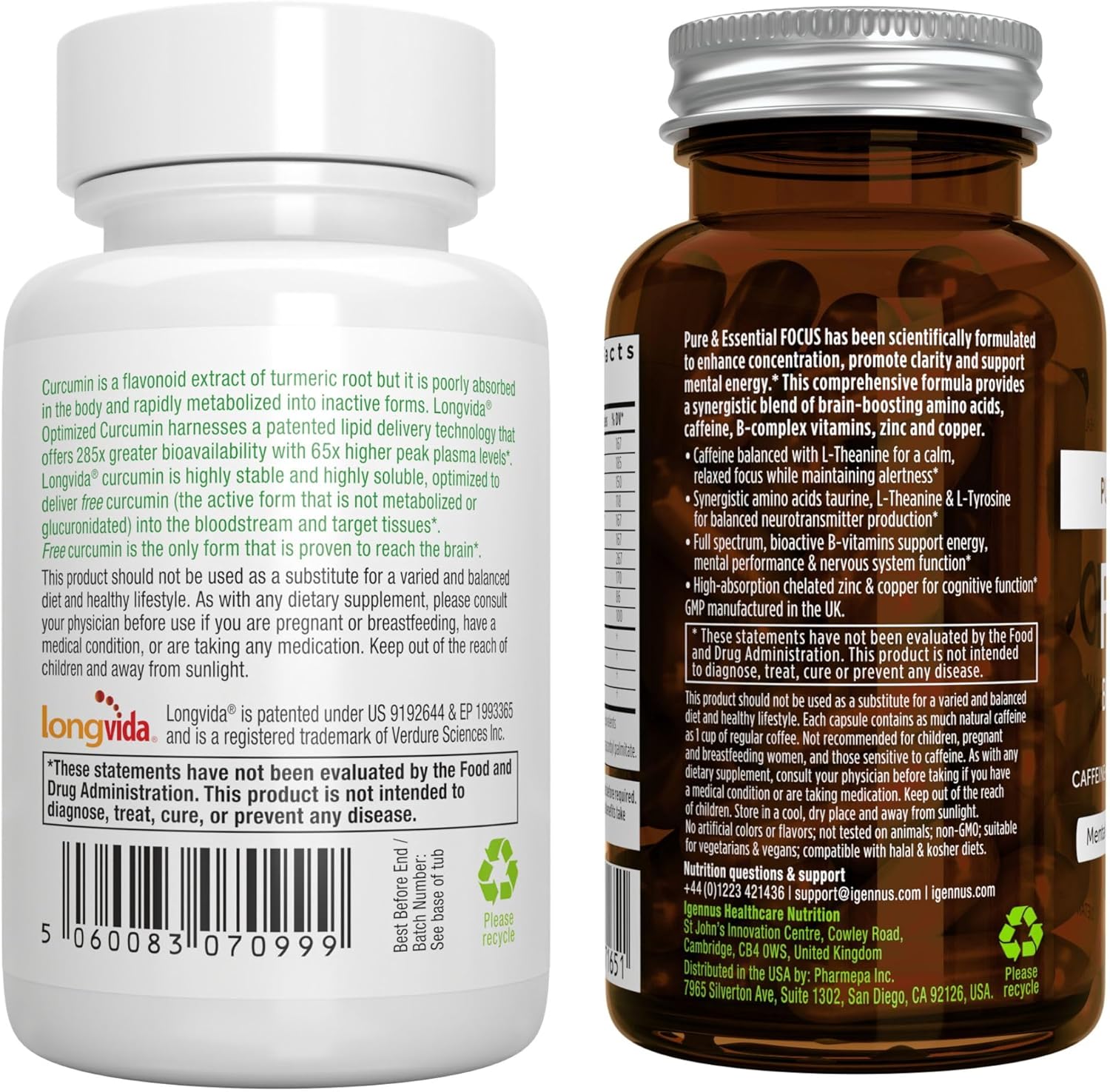 Igennus Longvida Lipidated Curcumin 500mg + Focus Brain Booster Bundle - Vegan, Ultra Bioavailable Curcumin with Caffeine, L-Theanine, Taurine, L-Tyrosine, B-Vitamins, Zinc & Copper
