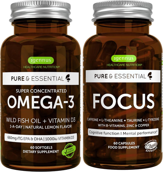 Igennus Omega-3 and Vitamin D3 Focus Brain Bundle with EPA, DHA, and Nutrients for Mental Clarity and Energy Boost