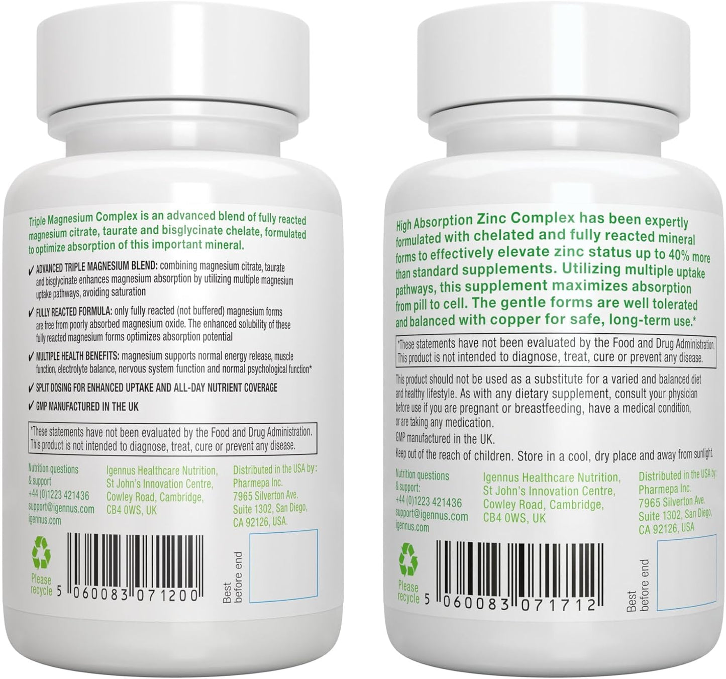 Igennus Triple Magnesium & Zinc Complex Bundle for High Absorption - Vegan Friendly with Copper - by Igennus