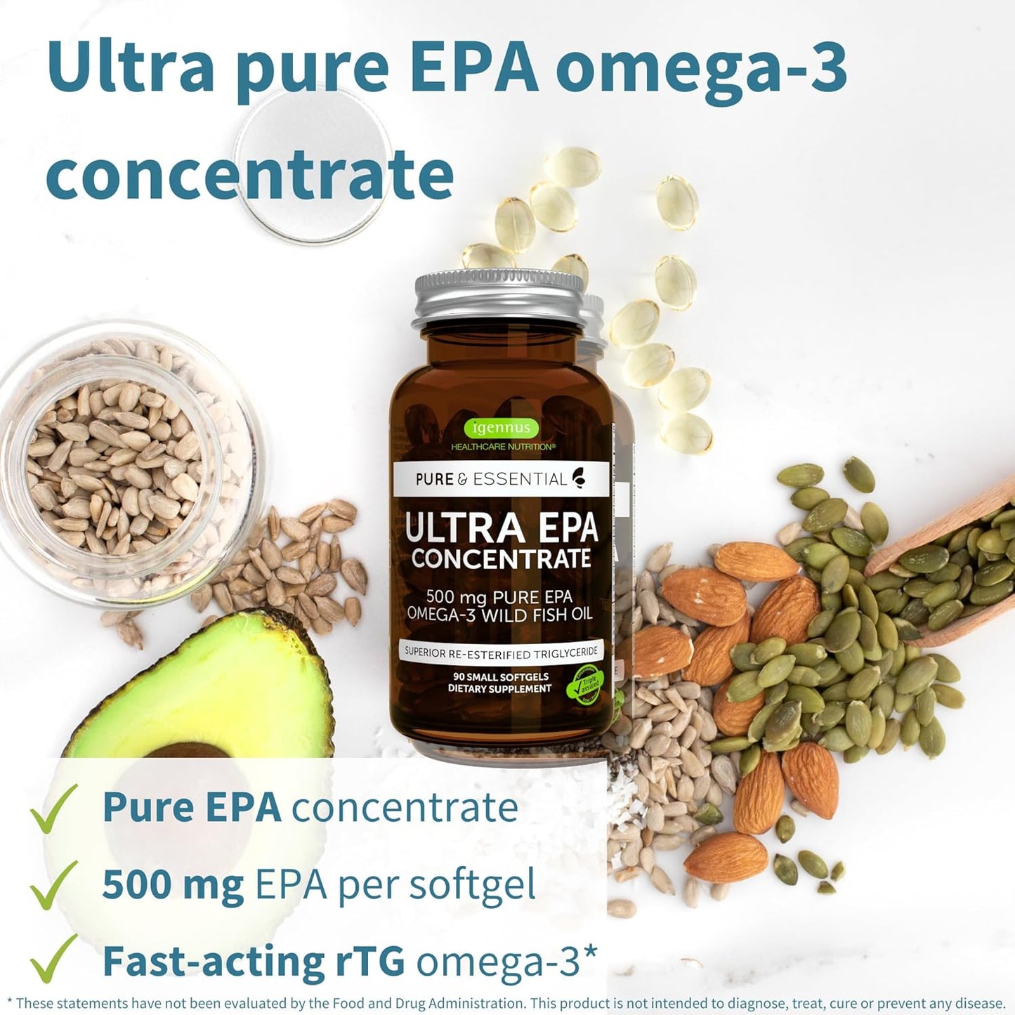 Igennus Ultra Pure Omega-3 EPA Fish Oil Softgels, 500mg, Non-GMO, 90ct, High Concentration Wild Caught Fish Oil