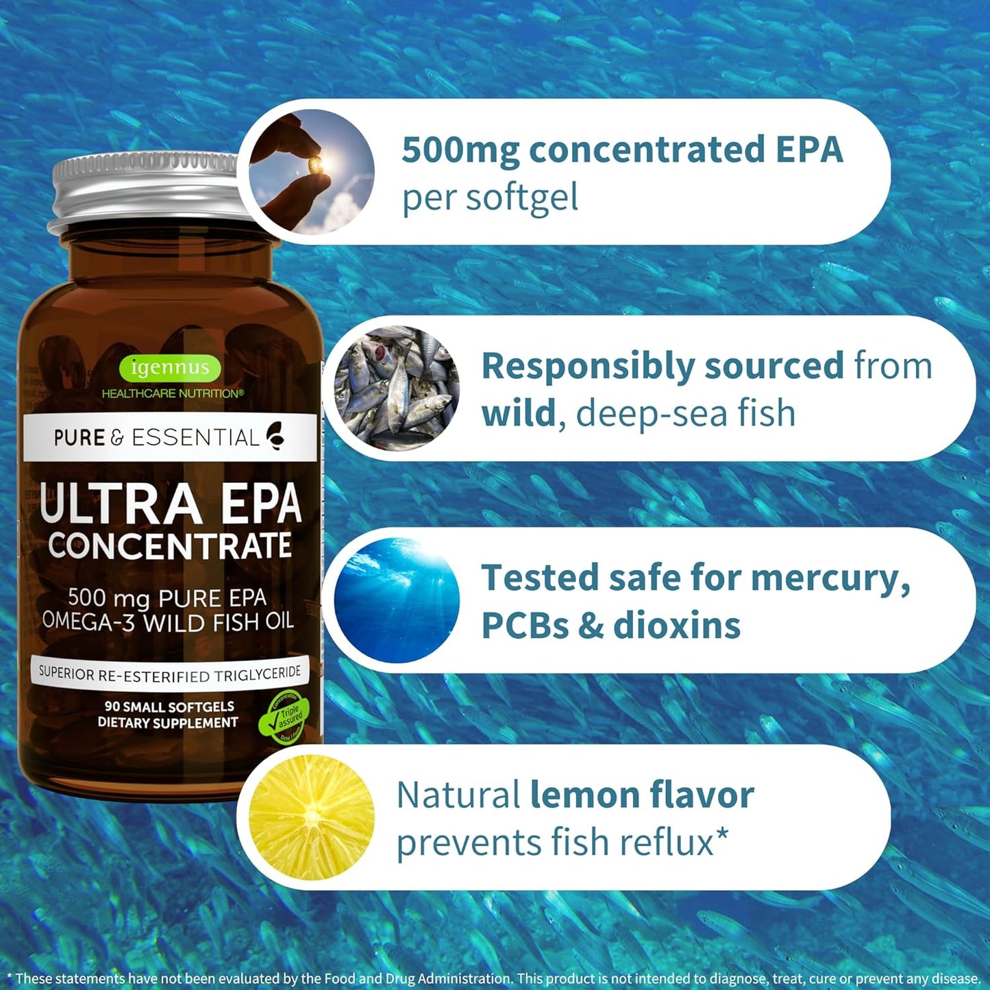 Igennus Ultra Pure Omega-3 EPA Fish Oil Softgels, 500mg, Non-GMO, 90ct, High Concentration Wild Caught Fish Oil
