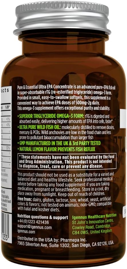 Igennus Ultra Pure Omega-3 EPA Fish Oil Softgels, 500mg, Non-GMO, 90ct, High Concentration Wild Caught Fish Oil