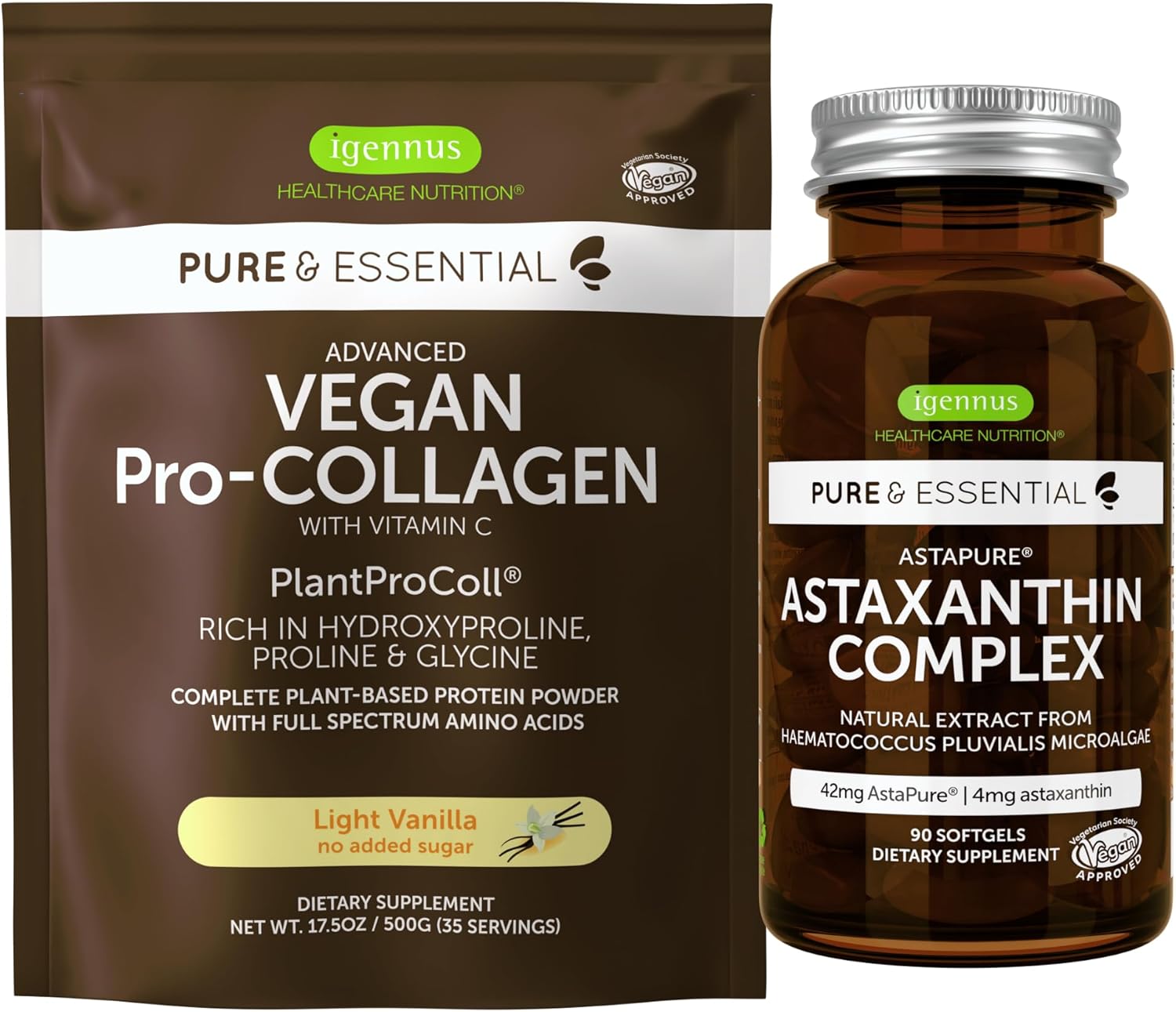 Igennus Vegan Collagen Protein Powder and Astaxanthin Complex Bundle for Hair, Skin, and Nails