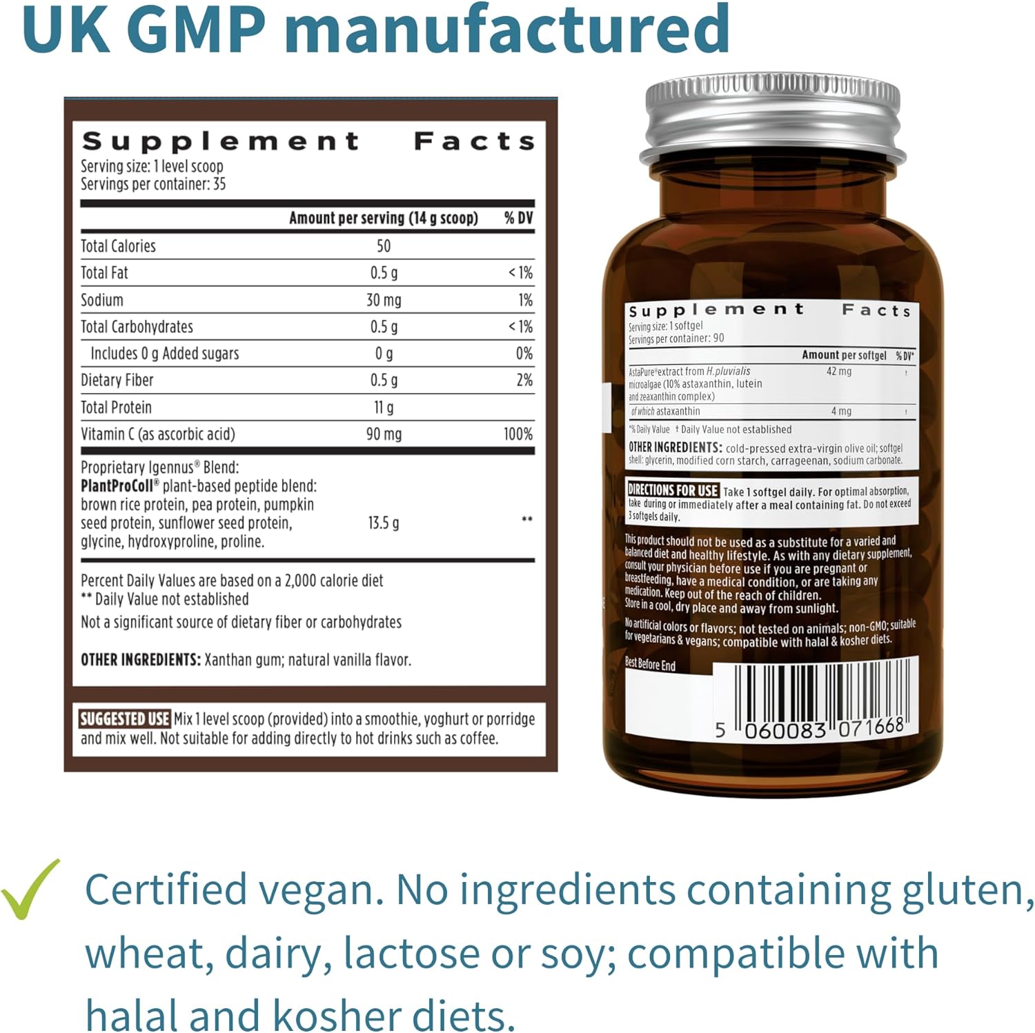 Igennus Vegan Collagen Protein Powder and Astaxanthin Complex Bundle for Hair, Skin, and Nails