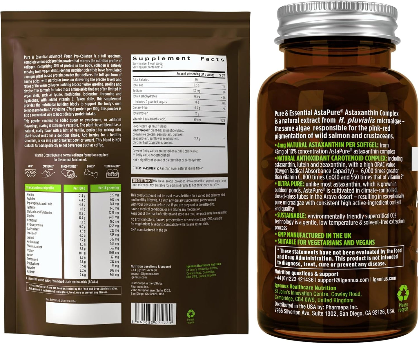 Igennus Vegan Collagen Protein Powder and Astaxanthin Complex Bundle for Hair, Skin, and Nails