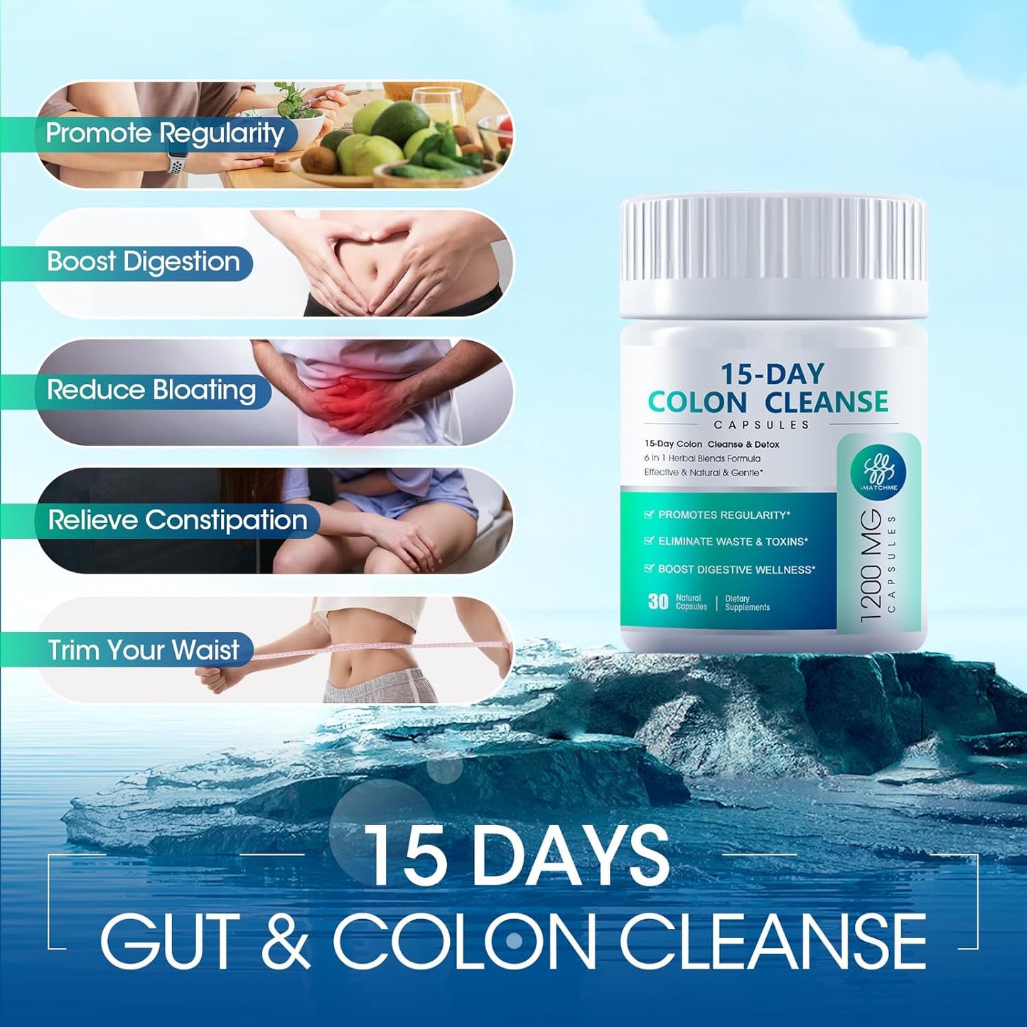 iMATCHME 15 Day Colon and Gut Detox Cleanse with Herbal Blends - Constipation Relief, Digestive Health, Bloating, Psyllium Husk, Senna Leaf - 30 Capsules x 2 Pack