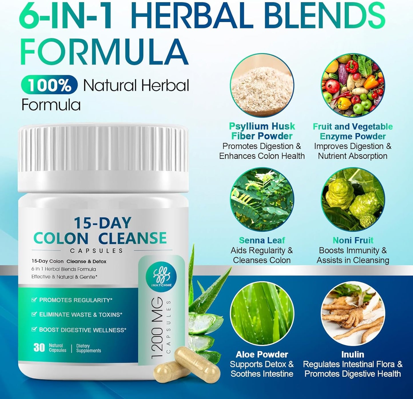 iMATCHME 15 Day Colon and Gut Detox Cleanse with Herbal Blends - Constipation Relief, Digestive Health, Bloating, Psyllium Husk, Senna Leaf - 30 Capsules x 2 Pack