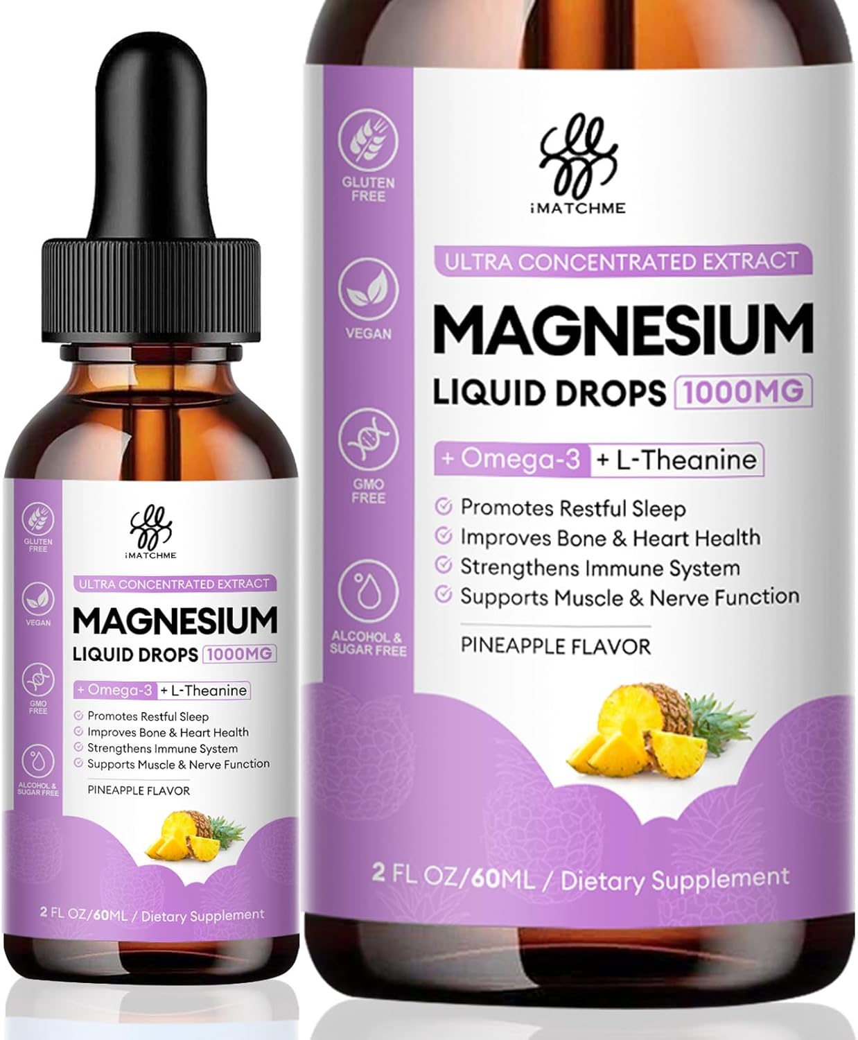iMATCHME Liquid Magnesium Complex with Glycinate, Oxide, Taurate, and Citrate for Bone, Heart, Muscle, Immune System, Energy, Sleep, and Digestion Support - High Absorption Sugar-Free Pineapple Flavor - 2 Fl Oz
