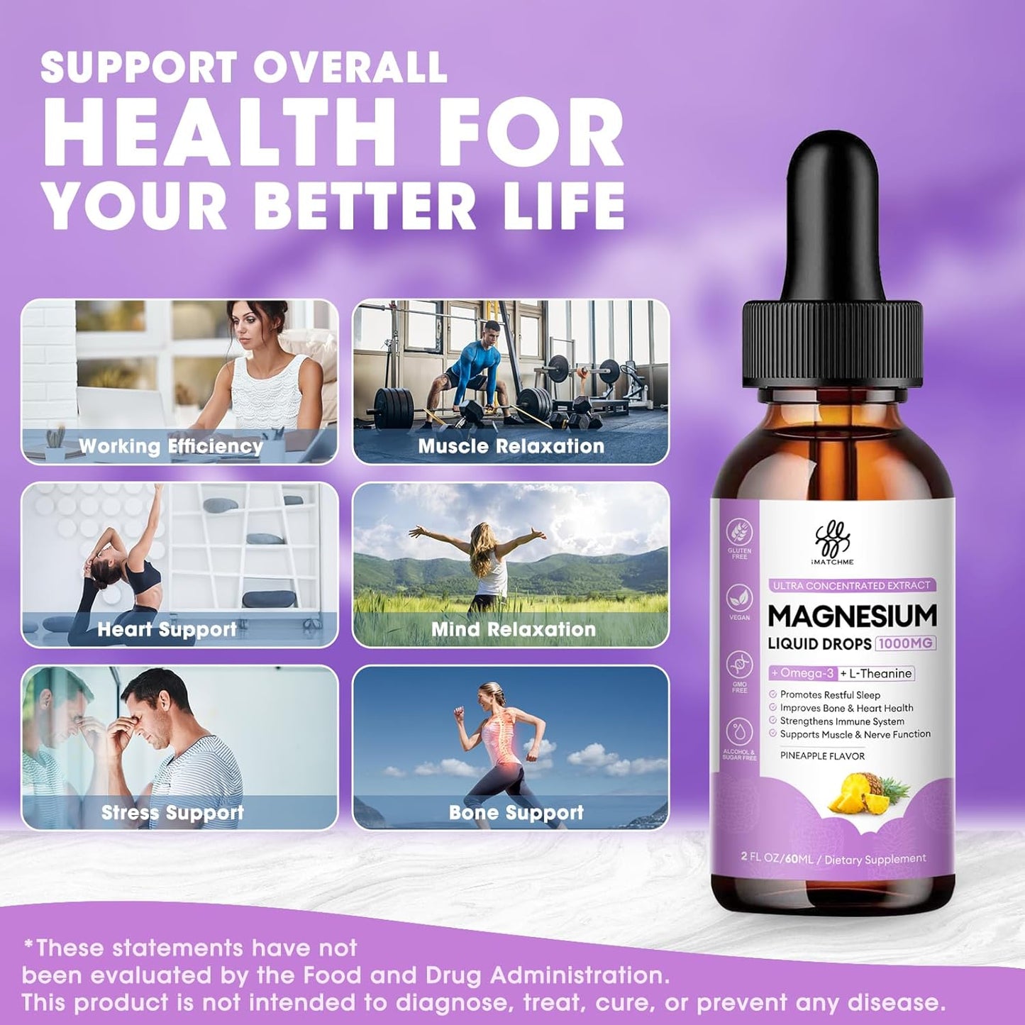 iMATCHME Liquid Magnesium Complex with Glycinate, Oxide, Taurate, and Citrate for Bone, Heart, Muscle, Immune System, Energy, Sleep, and Digestion Support - High Absorption Sugar-Free Pineapple Flavor - 2 Fl Oz