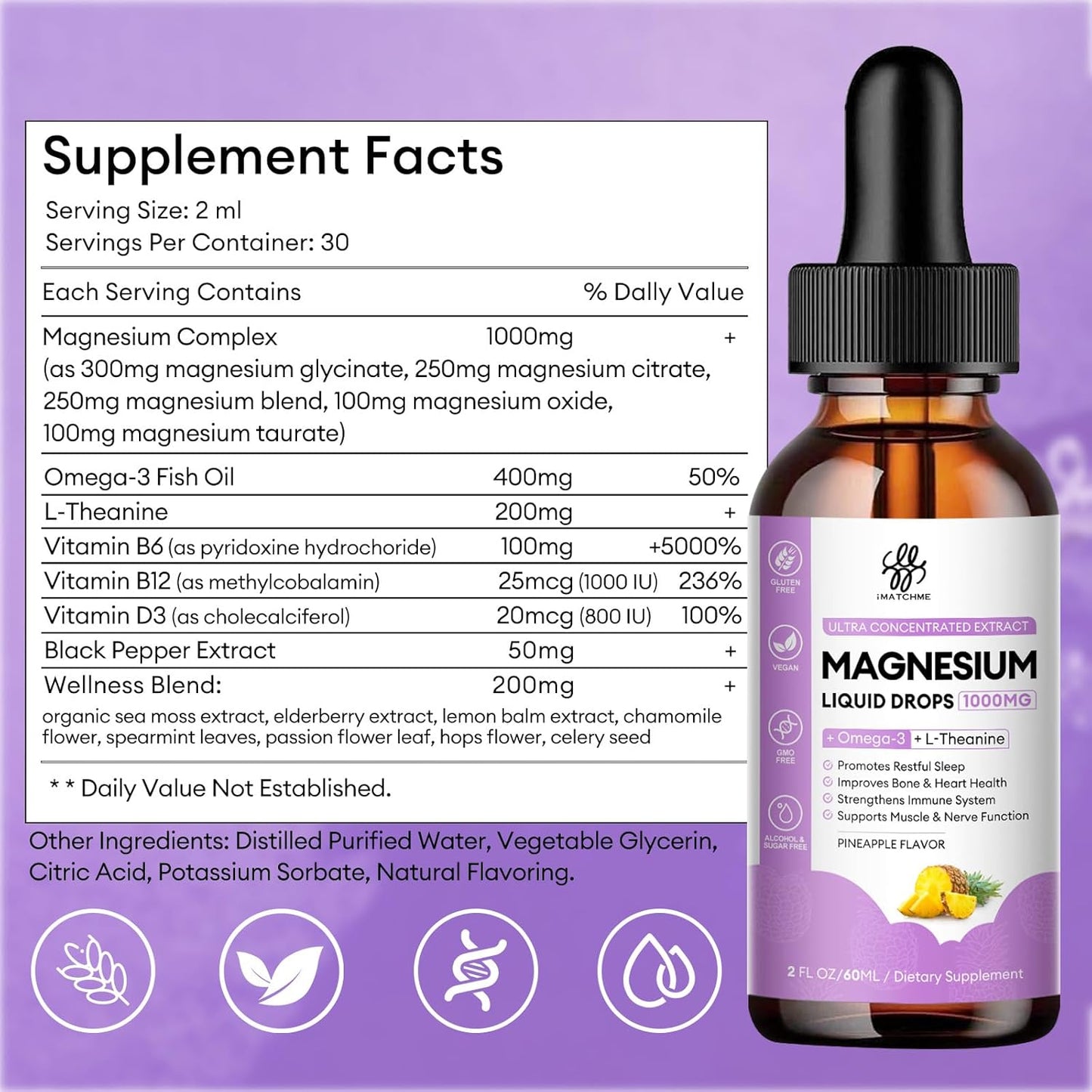 iMATCHME Liquid Magnesium Complex with Glycinate, Oxide, Taurate, and Citrate for Bone, Heart, Muscle, Immune System, Energy, Sleep, and Digestion Support - High Absorption Sugar-Free Pineapple Flavor - 2 Fl Oz