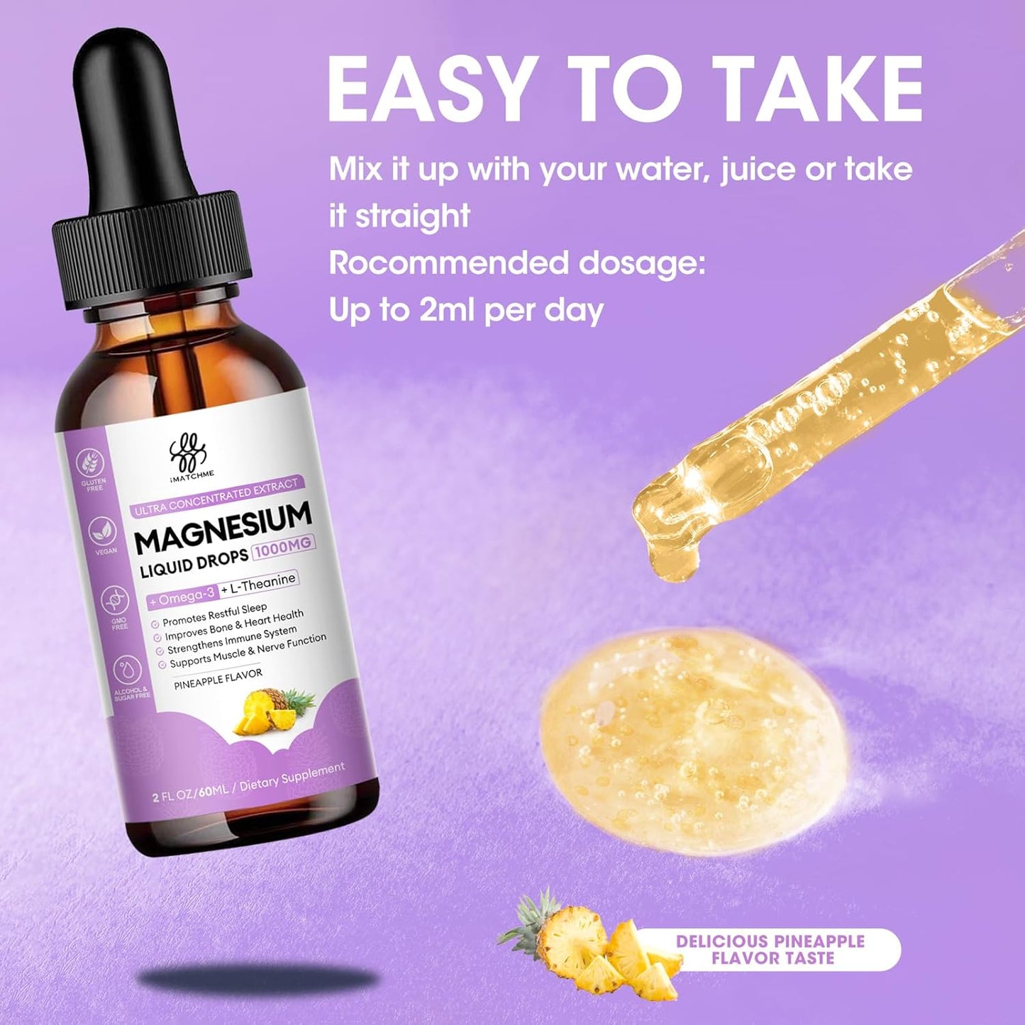 iMATCHME Liquid Magnesium Complex with Glycinate, Oxide, Taurate, and Citrate for Bone, Heart, Muscle, Immune System, Energy, Sleep, and Digestion Support - High Absorption Sugar-Free Pineapple Flavor - 2 Fl Oz