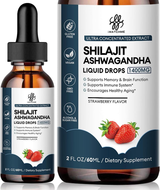 iMATCHME Shilajit Liquid Drops 1400MG with Ashwagandha for Boosting Energy and Immune System, Men's Energy Booster, Sugar-Free, Strawberry Flavor - 2 Fl Oz