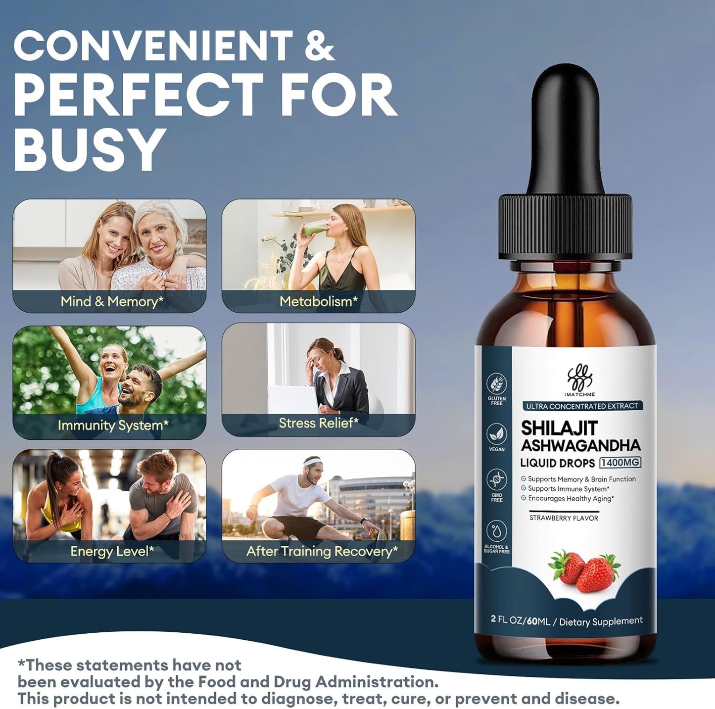 iMATCHME Shilajit Liquid Drops 1400MG with Ashwagandha for Boosting Energy and Immune System, Men's Energy Booster, Sugar-Free, Strawberry Flavor - 2 Fl Oz