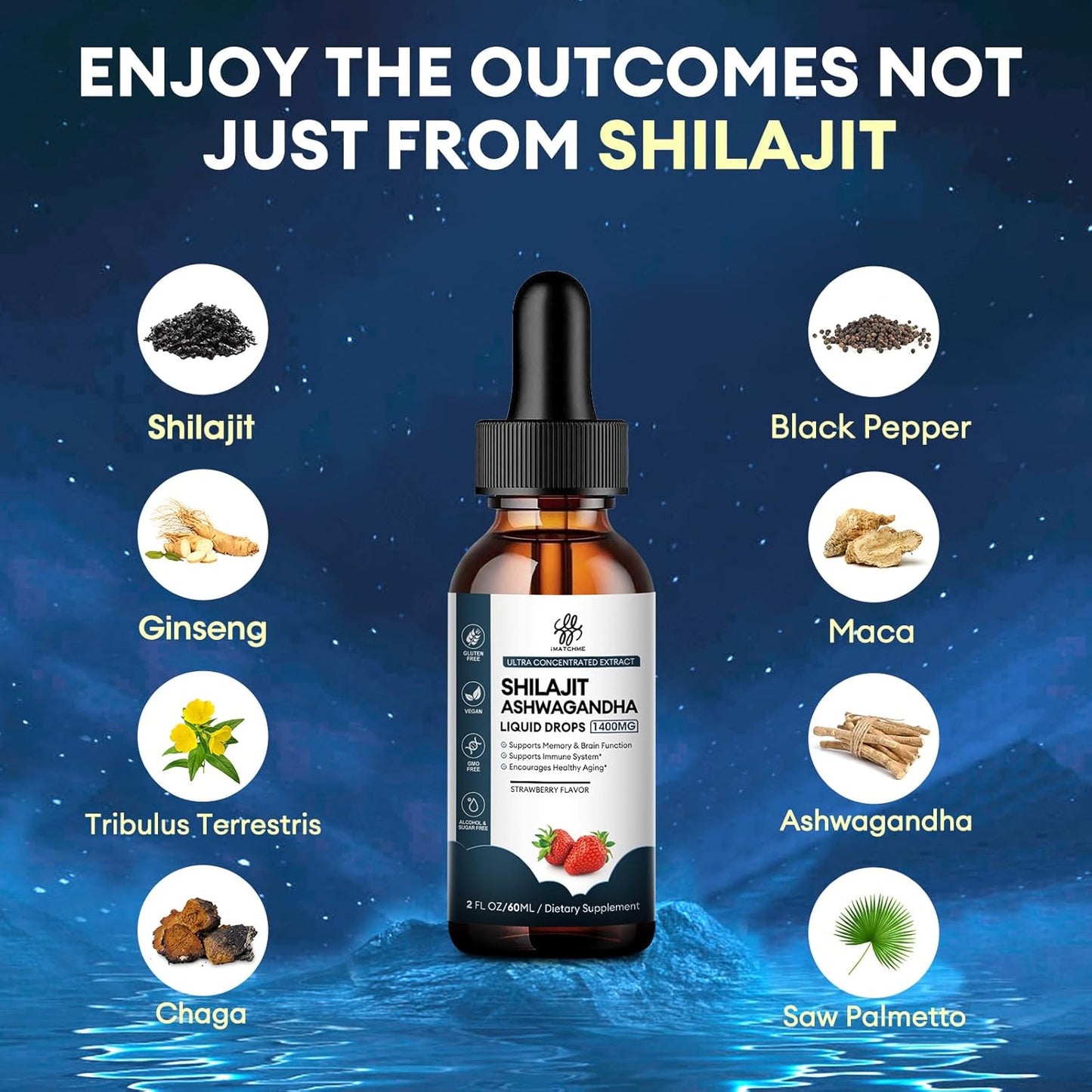 iMATCHME Shilajit Liquid Drops 1400MG with Ashwagandha for Boosting Energy and Immune System, Men's Energy Booster, Sugar-Free, Strawberry Flavor - 2 Fl Oz