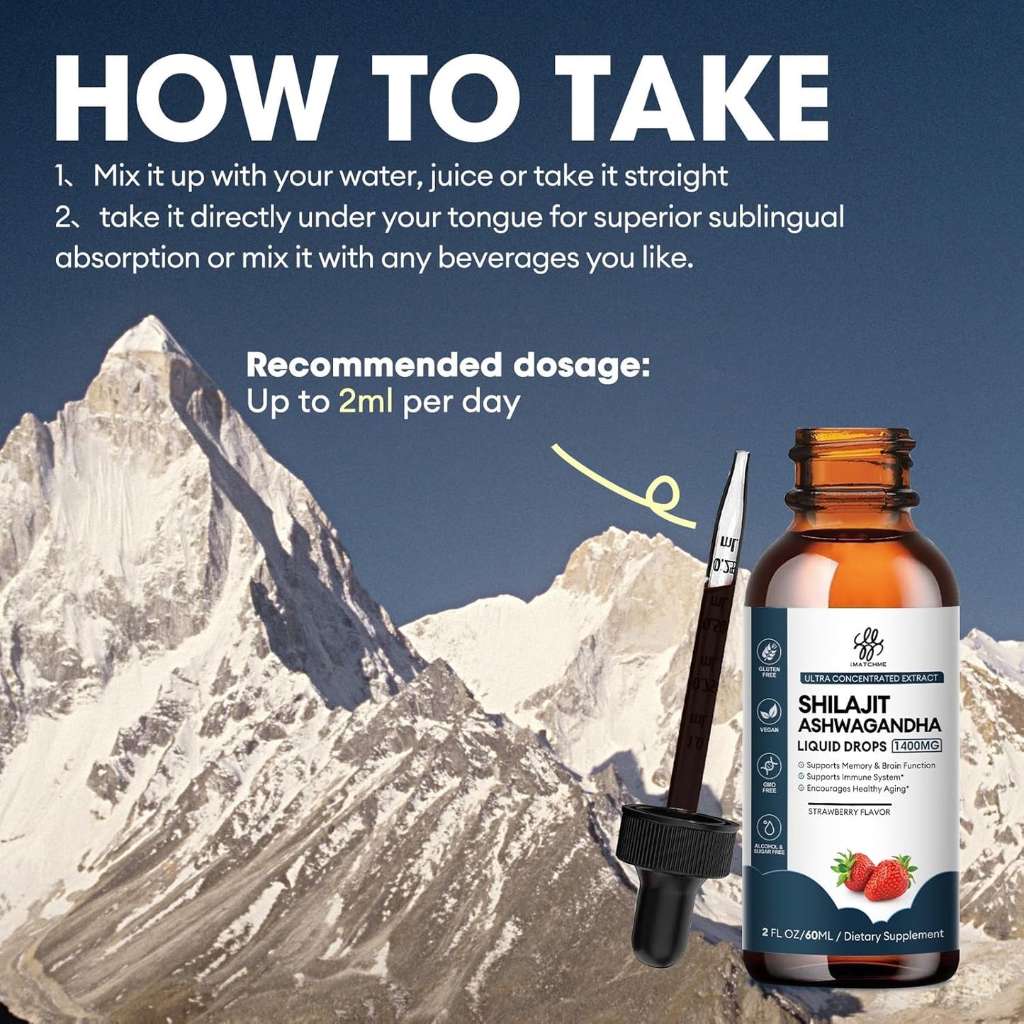 iMATCHME Shilajit Liquid Drops 1400MG with Ashwagandha for Boosting Energy and Immune System, Men's Energy Booster, Sugar-Free, Strawberry Flavor - 2 Fl Oz