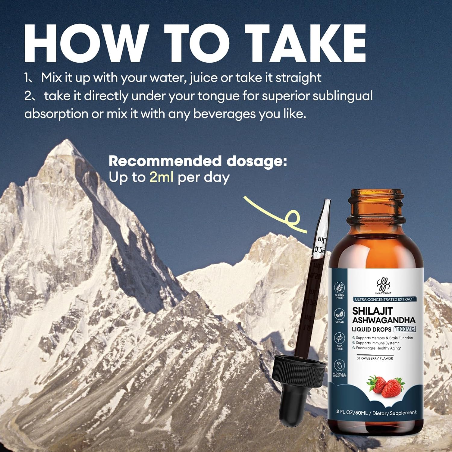 iMATCHME Shilajit Liquid Drops 1400MG with Ashwagandha for Boosting Energy and Immune System, Men's Energy Booster, Sugar-Free, Strawberry Flavor - 2 Fl Oz