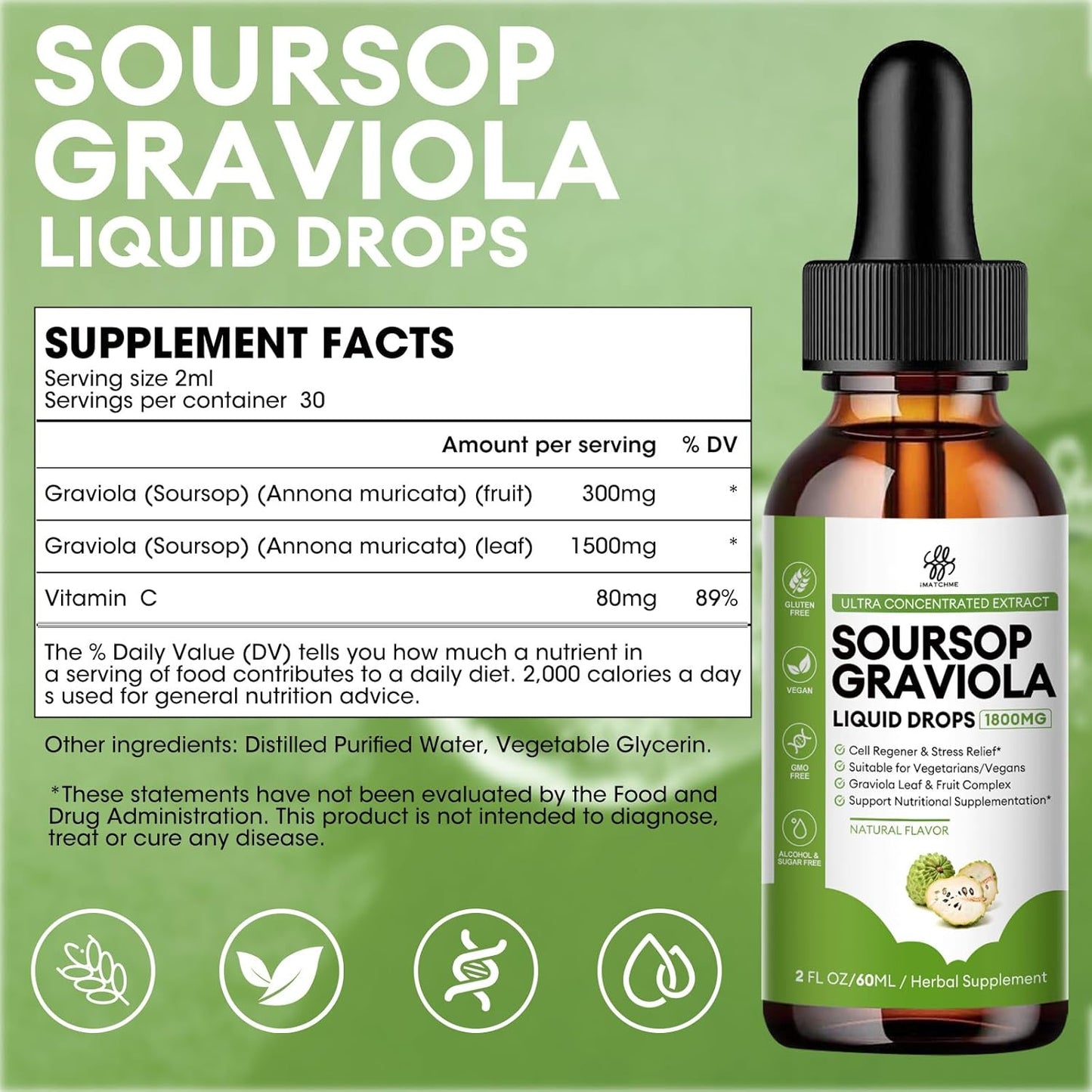 iMATCHME Soursop Graviola Liquid Drops - Cell Support, Immune Boost, Digestive Health