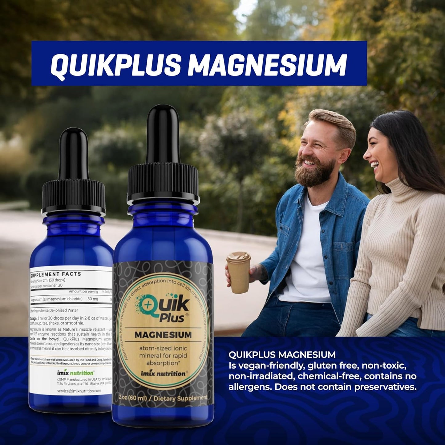 Imix Nutrition QuikPlus Magnesium Liquid Supplement - Muscle Relaxation, Nerve Health, Bone Support - Vegan, Gluten-Free - 80mg per Serving - 30 Servings - 2 fl oz