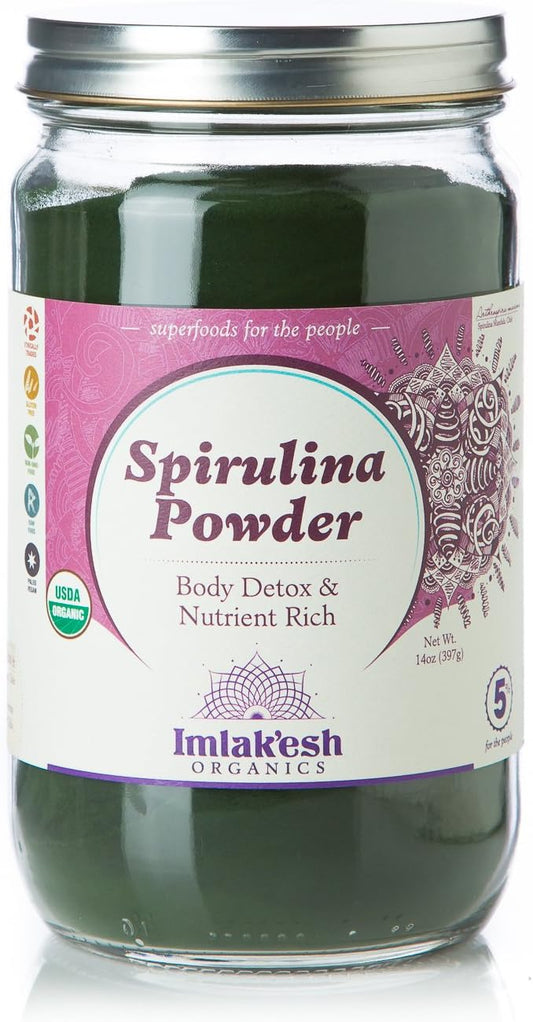 Imlak'esh Organics Spirulina Powder - Blue-Green Algae Superfood with Protein and Antioxidants - Vegan, Non-GMO, Gluten Free - 14oz Jar