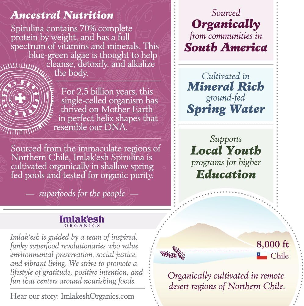 Imlak'esh Organics Spirulina Powder - Blue-Green Algae Superfood with Protein and Antioxidants - Vegan, Non-GMO, Gluten Free - 14oz Jar