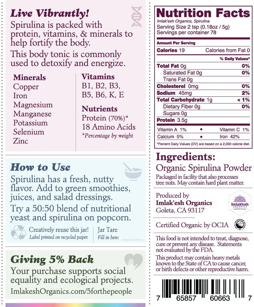 Imlak'esh Organics Spirulina Powder - Blue-Green Algae Superfood with Protein and Antioxidants - Vegan, Non-GMO, Gluten Free - 14oz Jar