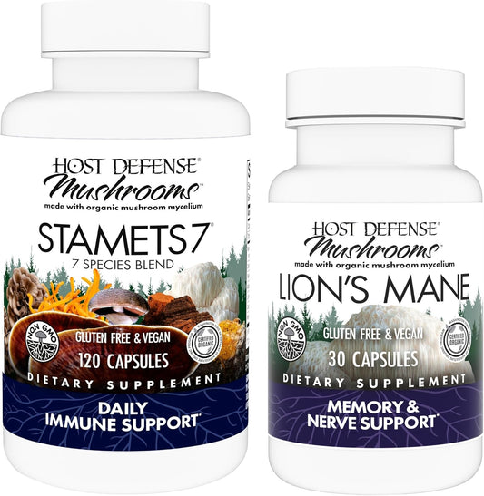 Immune and Brain Health Bundle: Stamets 7 120 Count + Lion's Mane Capsules 30 Count - Boost Immunity, Memory, and Focus*