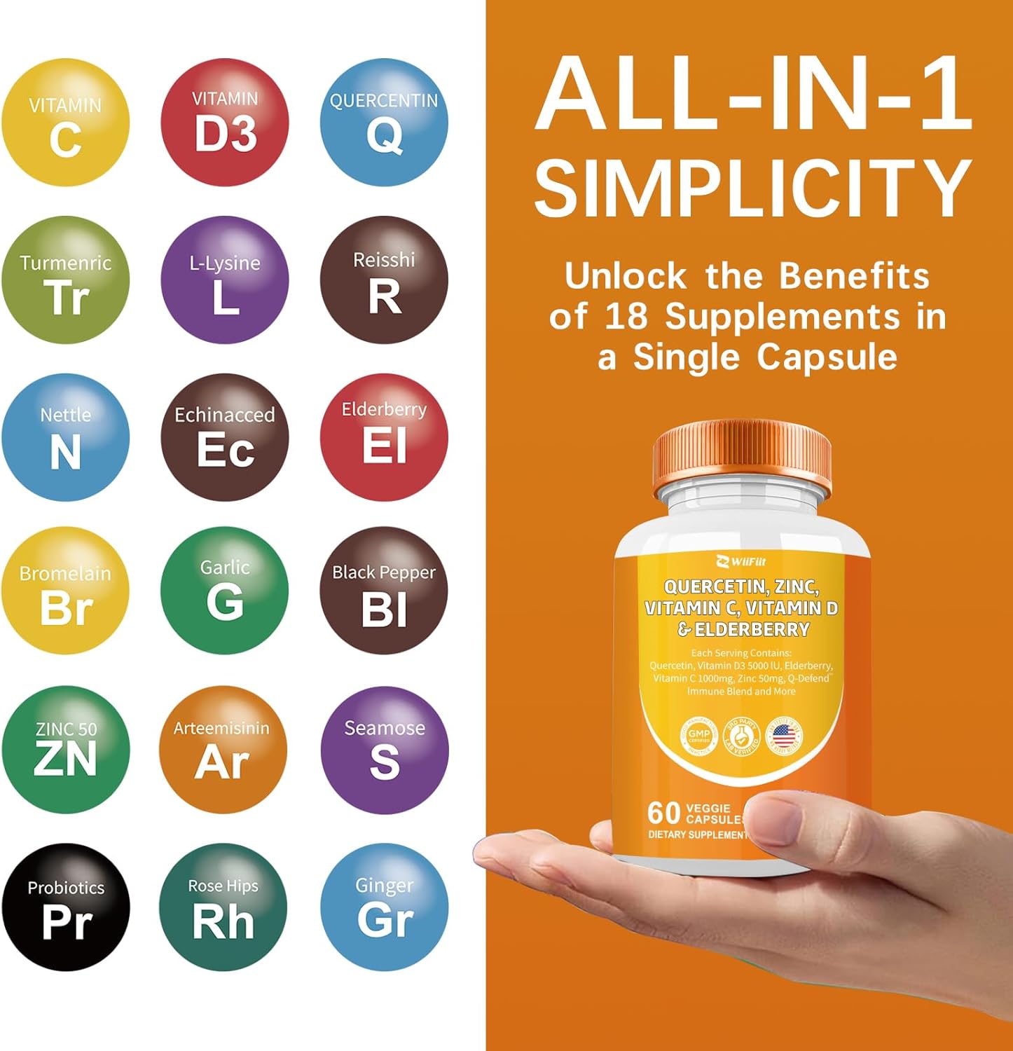 Immune Boost Supplement Capsules with Quercetin, Zinc, Vitamin C, D3, Turmeric, Elderberry, Reishi, Nettle, Artemisinin - 60 Count