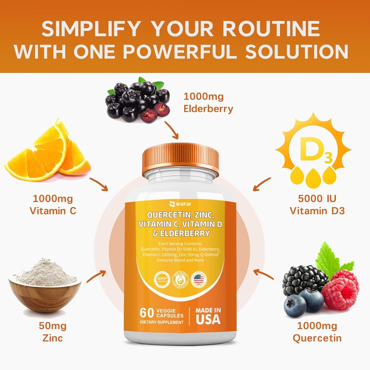 Immune Boost Supplement Capsules with Quercetin, Zinc, Vitamin C, D3, Turmeric, Elderberry, Reishi, Nettle, Artemisinin - 60 Count