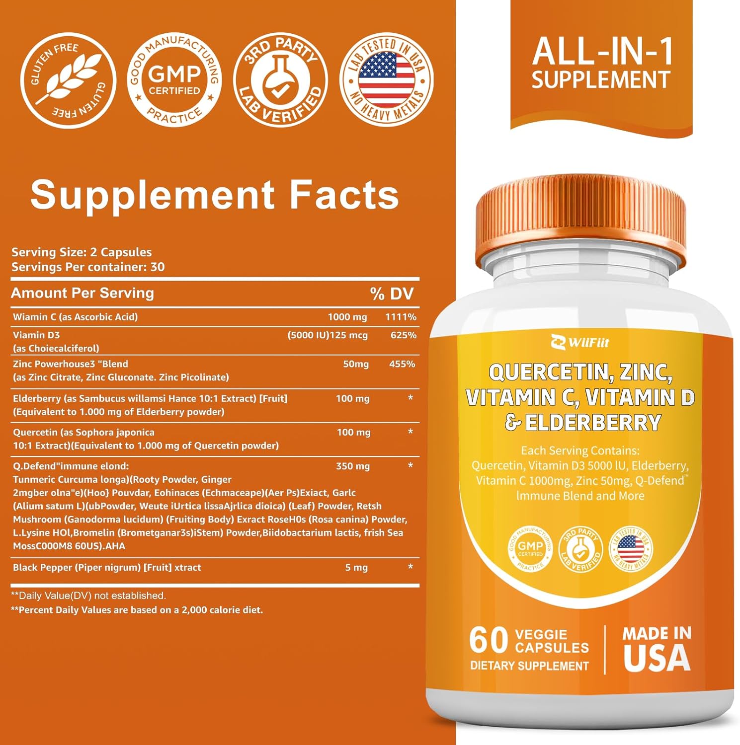 Immune Boost Supplement Capsules with Quercetin, Zinc, Vitamin C, D3, Turmeric, Elderberry, Reishi, Nettle, Artemisinin - 60 Count