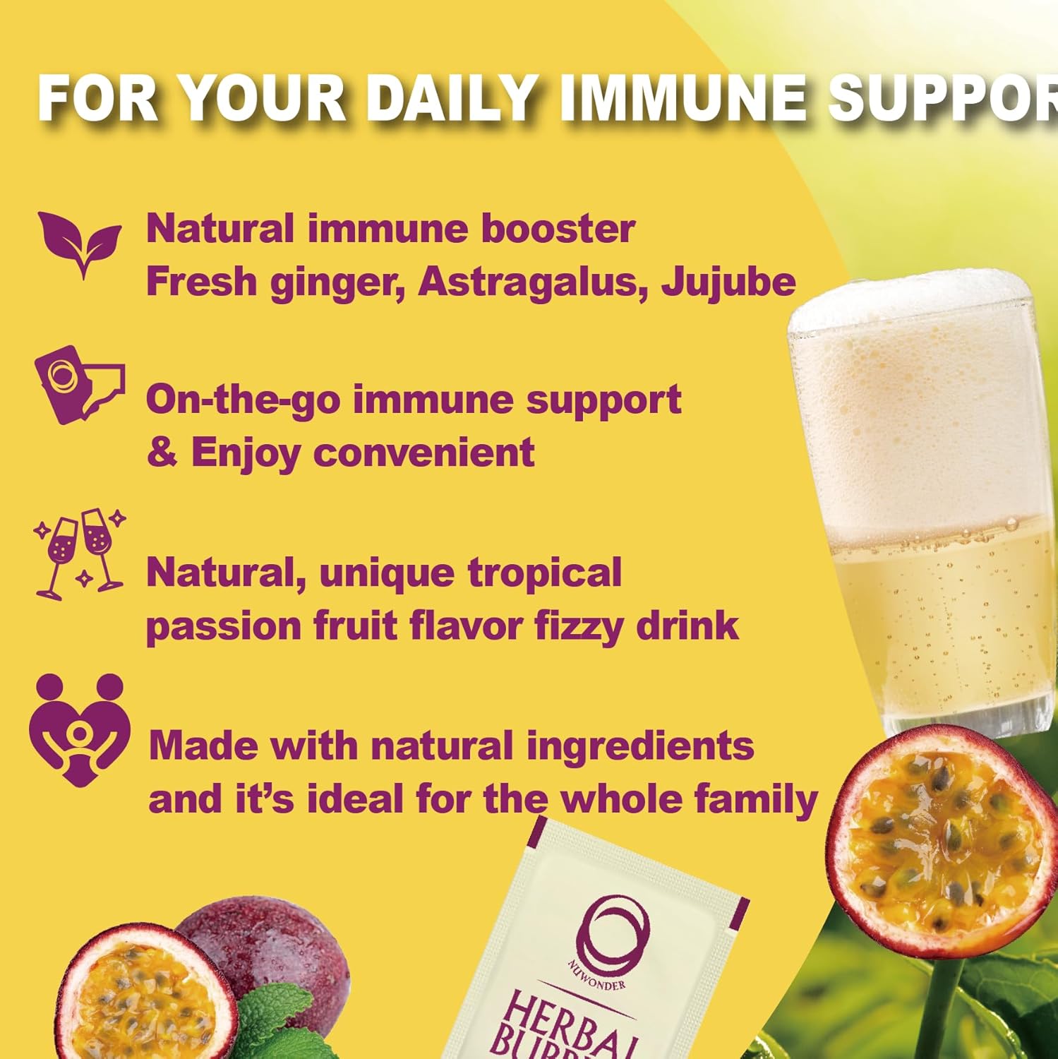 Immune Boosting Fizzy Drink Mix with Astragalus, Ginger, Jujube, Atractylodes, Passion Fruit - 10 Packs + 3 Extra Bags - Herbal Supplement, No Artificial Ingredients