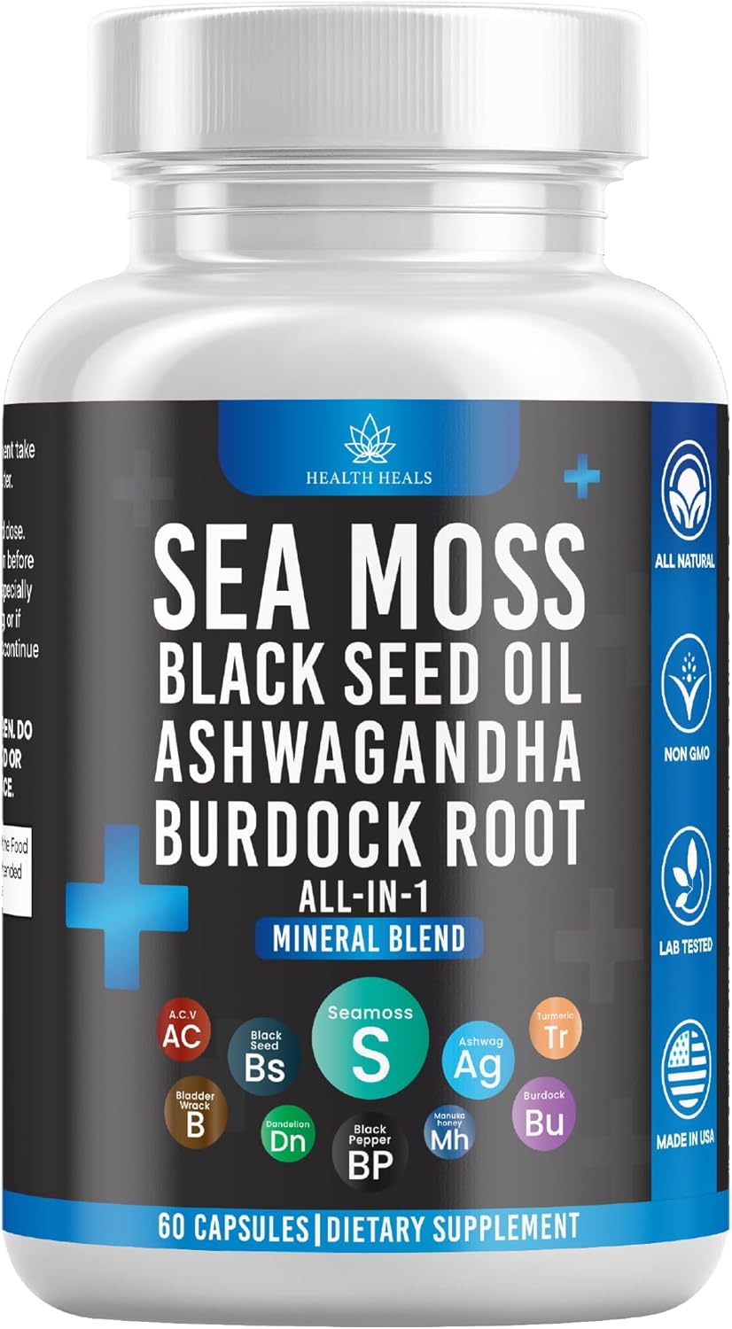 Immune Boosting Herbal Supplement Capsules - Silicon Sea Moss, Black Seed Oil, Ashwagandha, Bladderwrack, Burdock - 60 Capsules