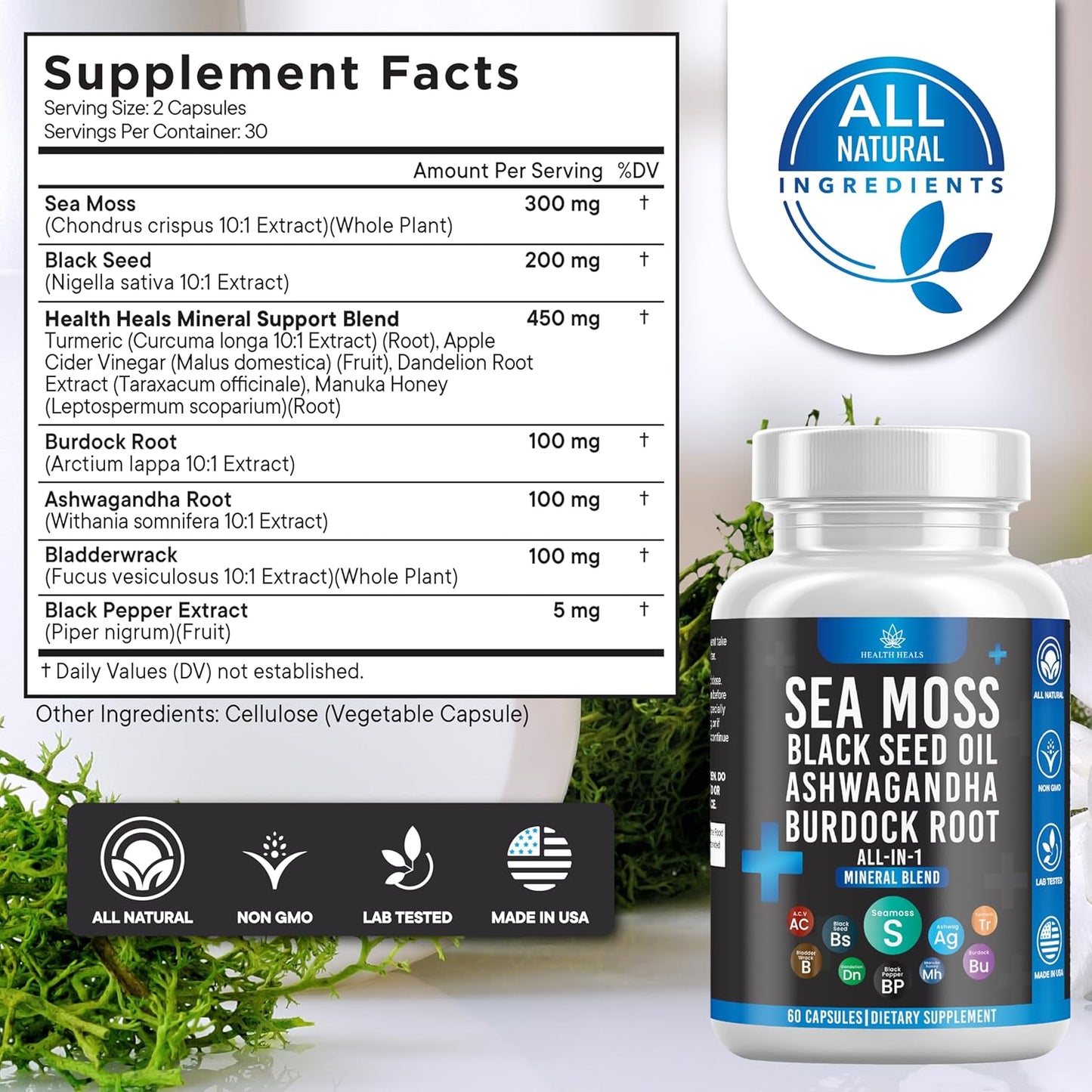 Immune Boosting Herbal Supplement Capsules - Silicon Sea Moss, Black Seed Oil, Ashwagandha, Bladderwrack, Burdock - 60 Capsules