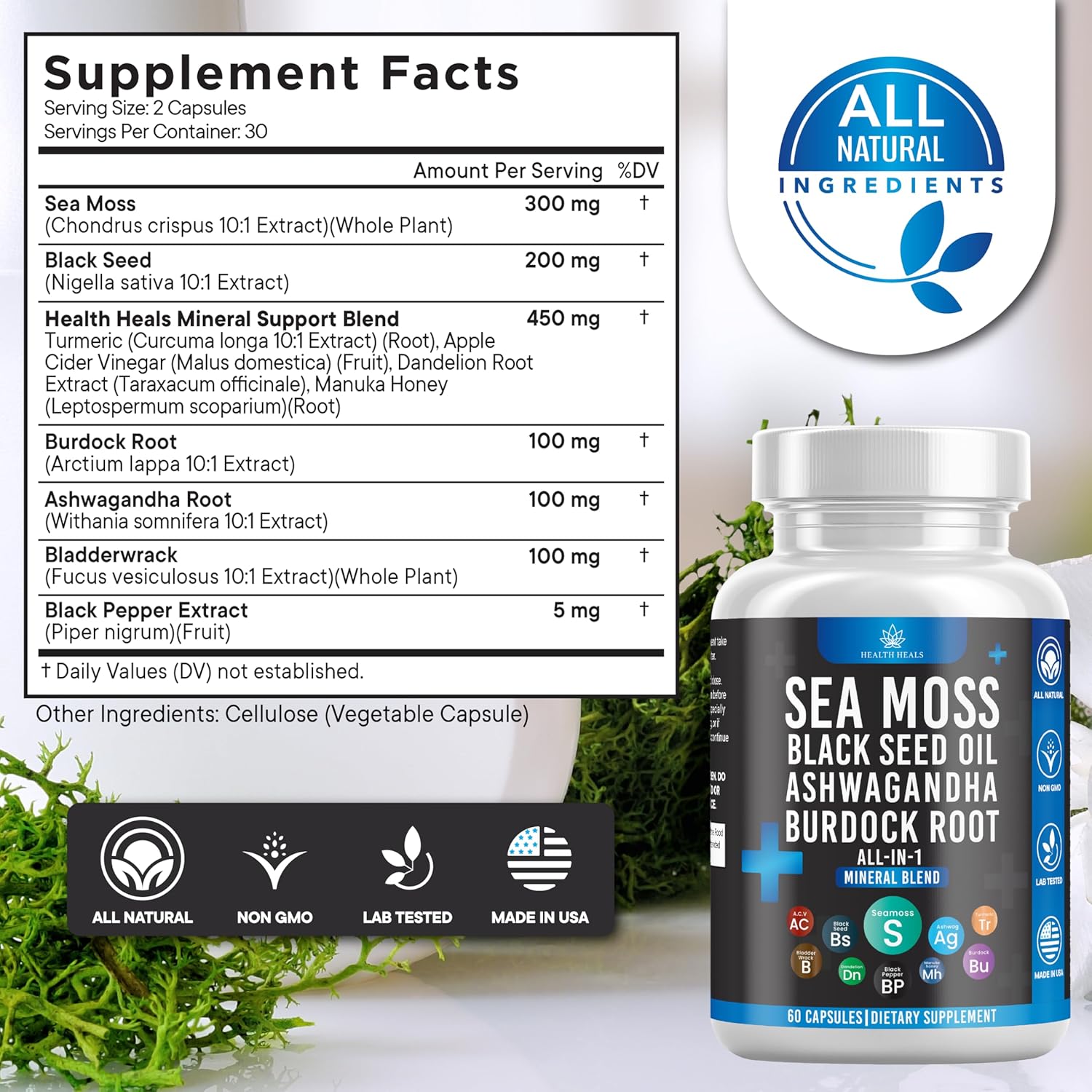 Immune Boosting Herbal Supplement Capsules - Silicon Sea Moss, Black Seed Oil, Ashwagandha, Bladderwrack, Burdock - 60 Capsules