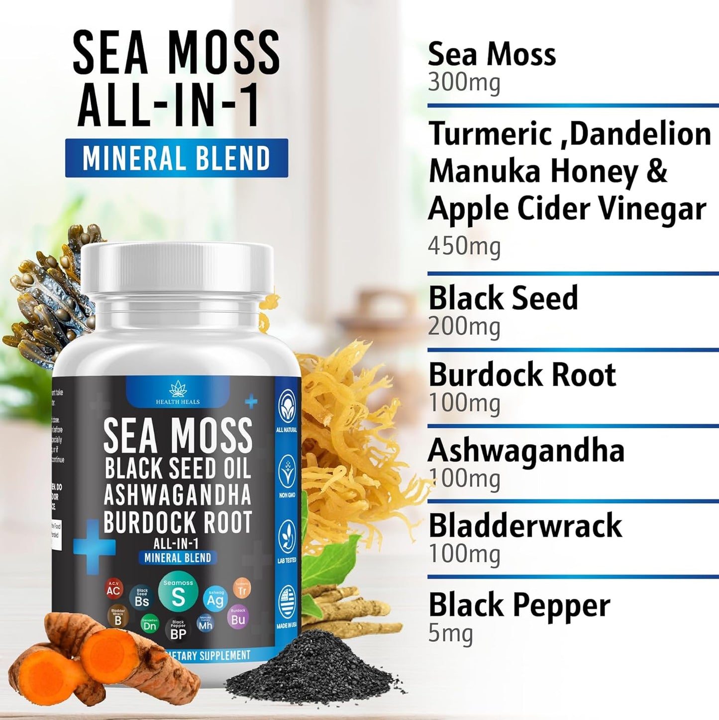 Immune Boosting Herbal Supplement Capsules - Silicon Sea Moss, Black Seed Oil, Ashwagandha, Bladderwrack, Burdock - 60 Capsules