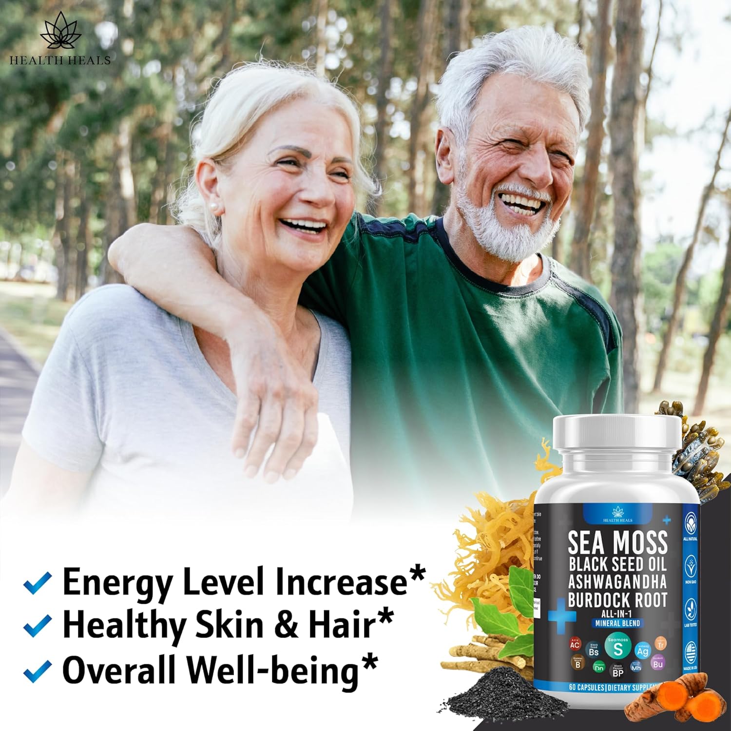 Immune Boosting Herbal Supplement Capsules - Silicon Sea Moss, Black Seed Oil, Ashwagandha, Bladderwrack, Burdock - 60 Capsules