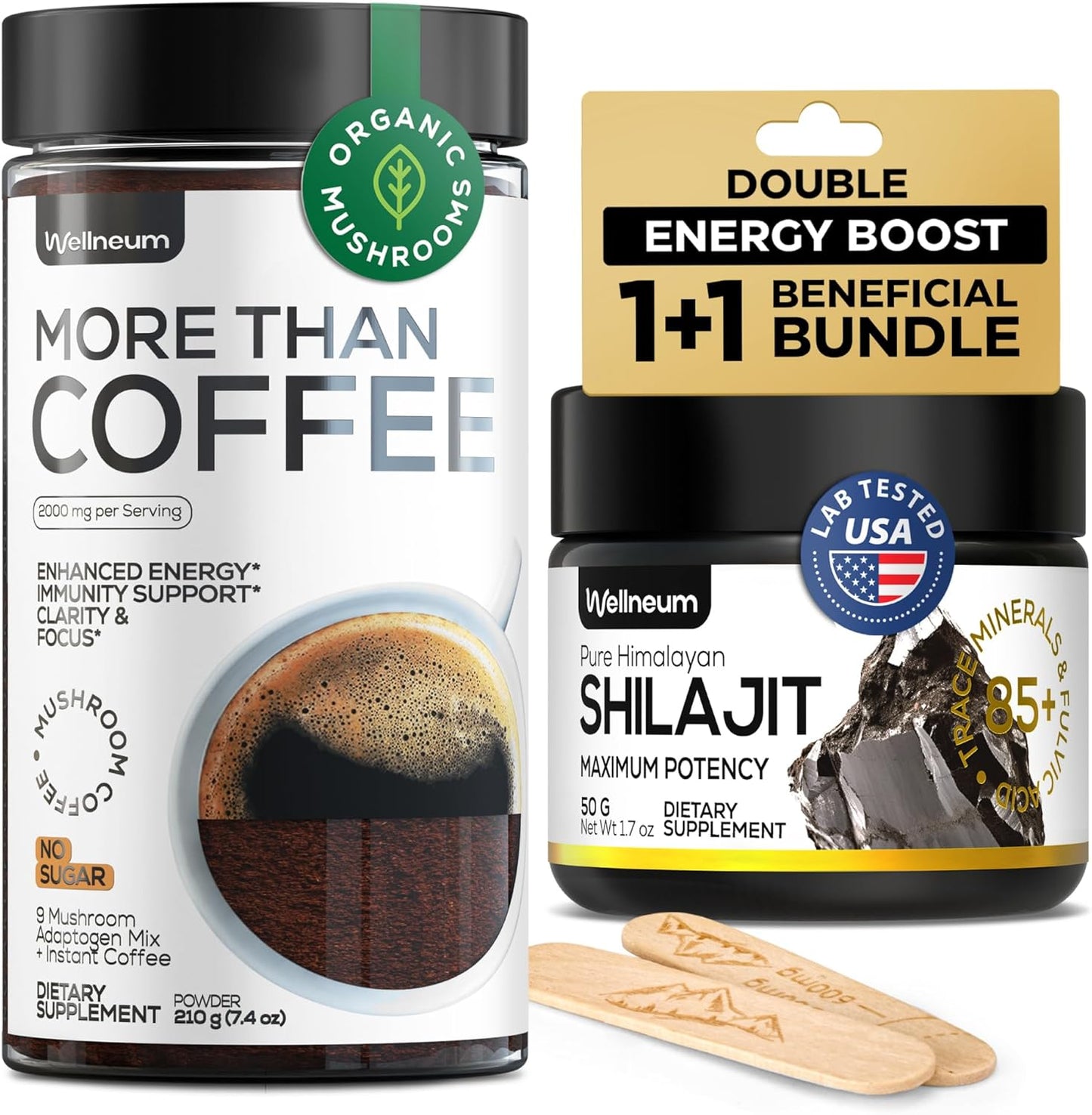 Immune-Boosting Mushroom Coffee and Shilajit Resin Bundle - 9 Mushroom Adaptogens, 85+ Minerals, Fulvic Acid - Instant Energy and Immunity Support for Men and Women