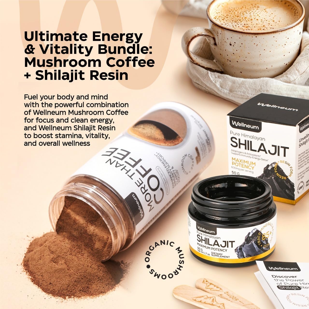Immune-Boosting Mushroom Coffee and Shilajit Resin Bundle - 9 Mushroom Adaptogens, 85+ Minerals, Fulvic Acid - Instant Energy and Immunity Support for Men and Women
