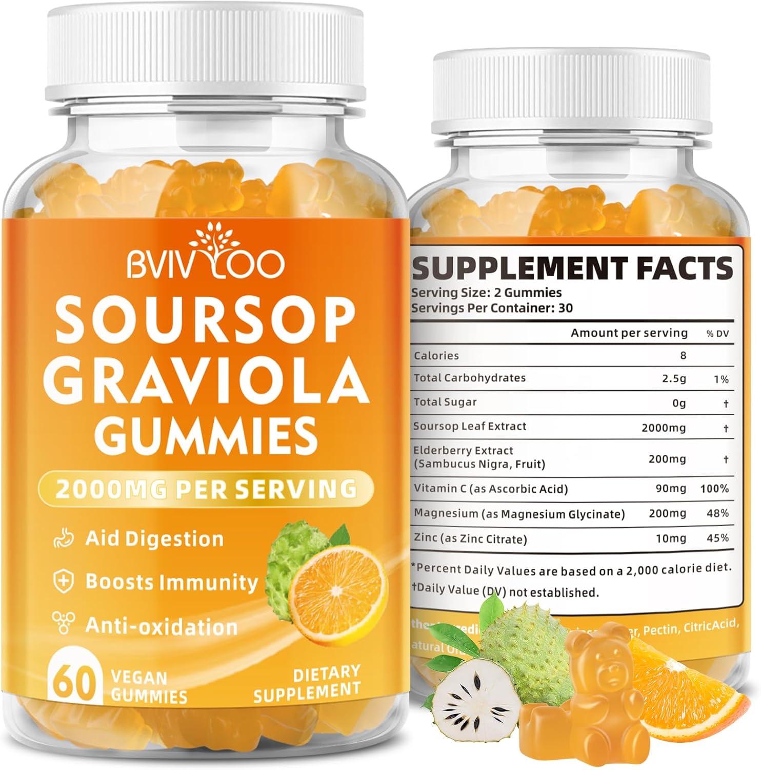 Immune-Boosting Soursop Graviola Gummies with Elderberry - 2000mg Soursop & 200mg Elderberry, Enhanced Vitamin C, Antioxidant-Rich, Gluten-Free & Vegan - 60 Gummies - BoostGo Australia