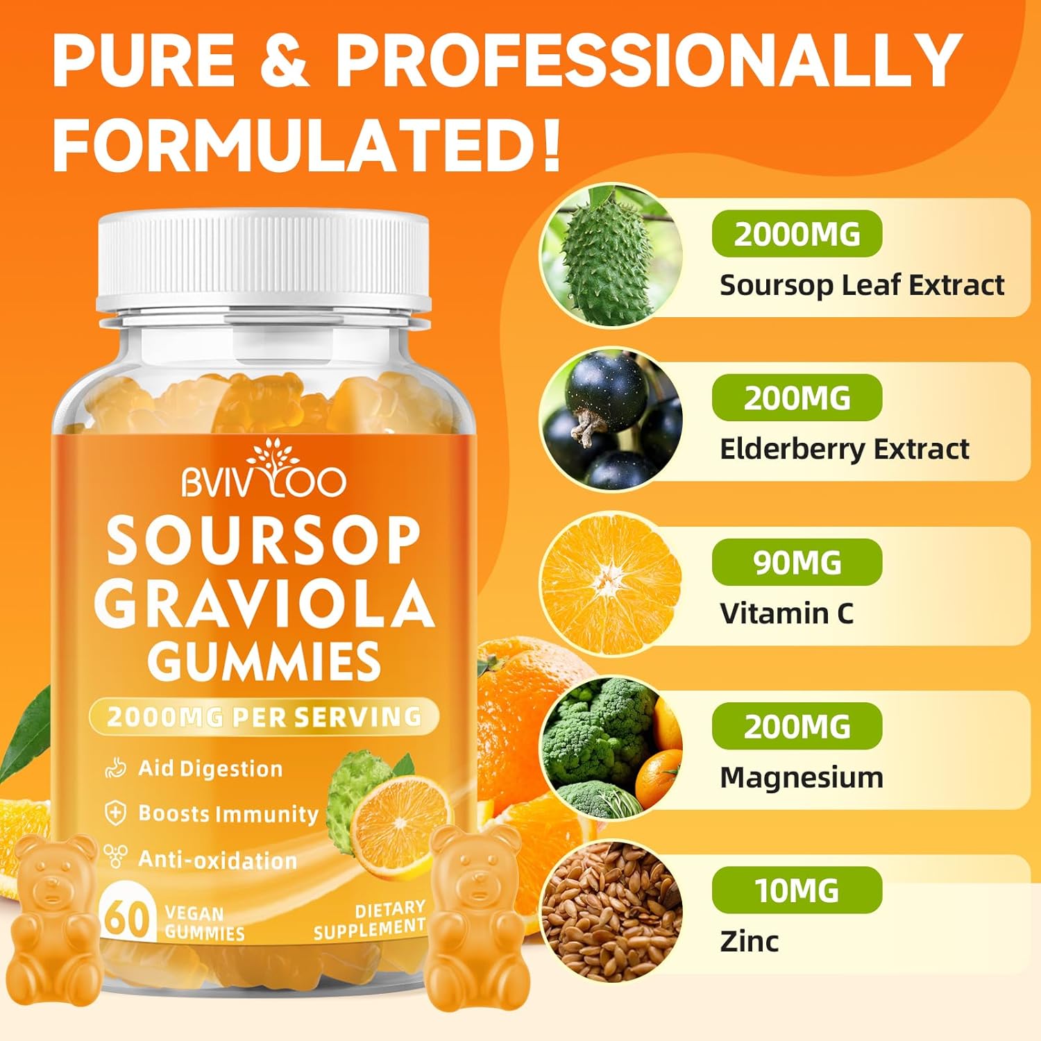 Immune-Boosting Soursop Graviola Gummies with Elderberry - 2000mg Soursop & 200mg Elderberry, Enhanced Vitamin C, Antioxidant-Rich, Gluten-Free & Vegan - 60 Gummies - BoostGo Australia