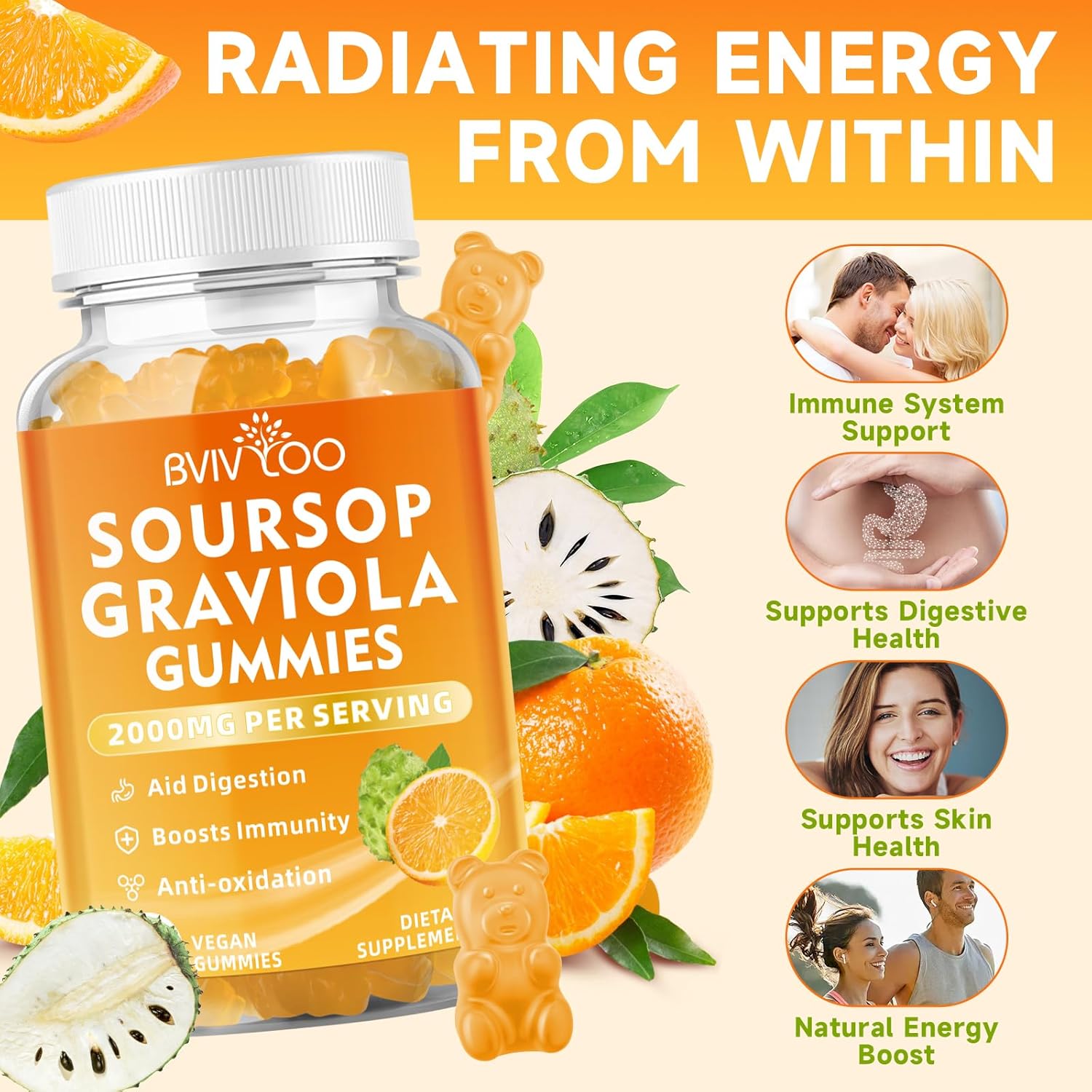 Immune-Boosting Soursop Graviola Gummies with Elderberry - 2000mg Soursop & 200mg Elderberry, Enhanced Vitamin C, Antioxidant-Rich, Gluten-Free & Vegan - 60 Gummies - BoostGo Australia