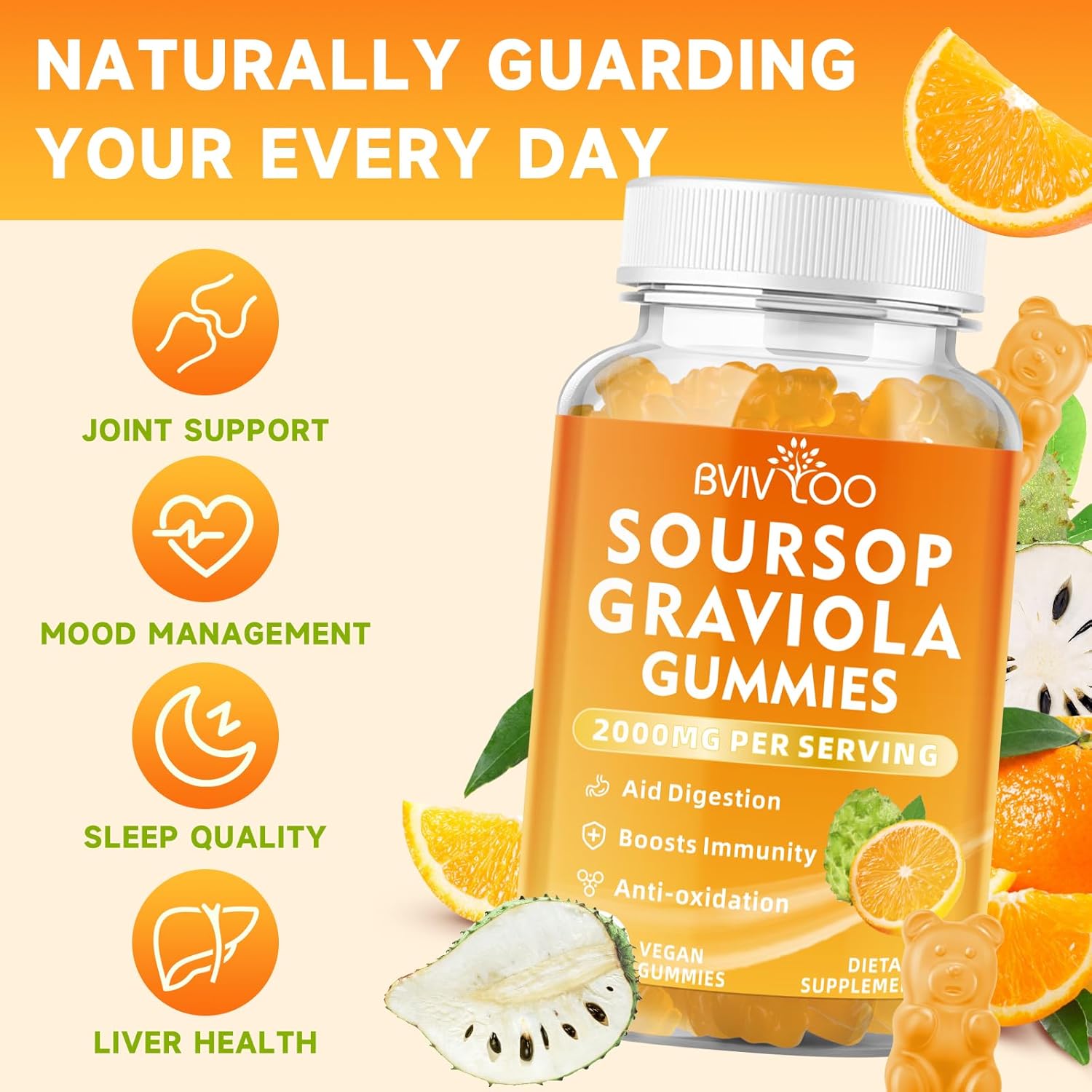 Immune-Boosting Soursop Graviola Gummies with Elderberry - 2000mg Soursop & 200mg Elderberry, Enhanced Vitamin C, Antioxidant-Rich, Gluten-Free & Vegan - 60 Gummies - BoostGo Australia