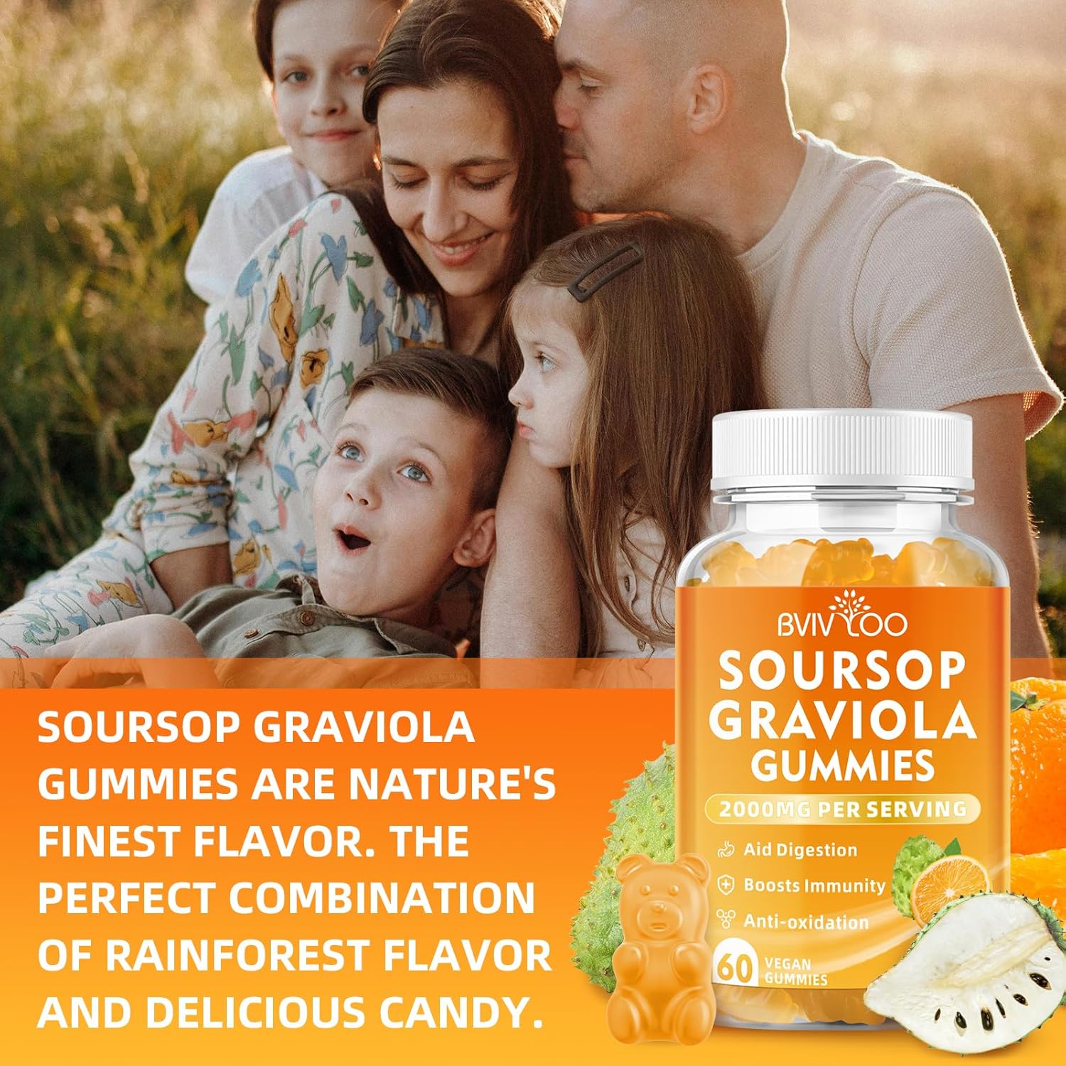 Immune-Boosting Soursop Graviola Gummies with Elderberry - 2000mg Soursop & 200mg Elderberry, Enhanced Vitamin C, Antioxidant-Rich, Gluten-Free & Vegan - 60 Gummies - BoostGo Australia
