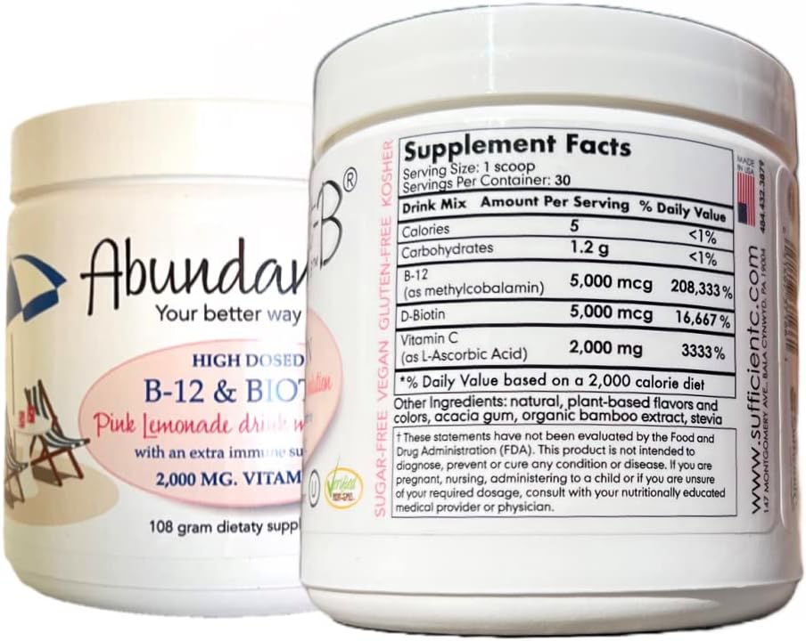 Immune-Boosting Vitamin C and B-12 Pink Lemonade Drink Mix Duo - 250g Vitamin C + High-Dose B-12 & Biotin Formula