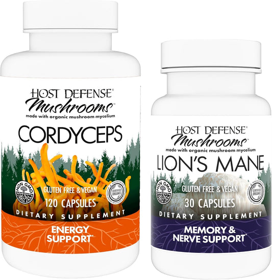 Immune & Energy Support Bundle: Cordyceps Capsules (120) + Lion's Mane Capsules (30) - Boost Brain Health, Memory & Focus*