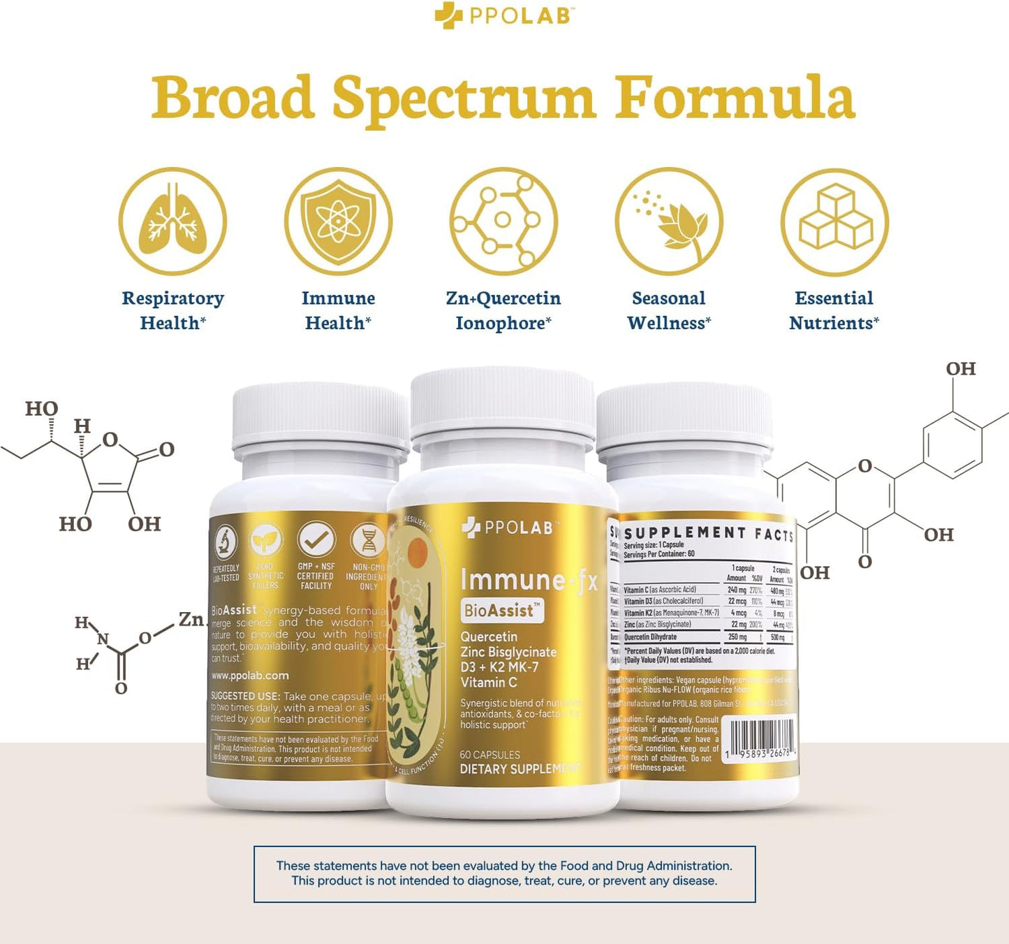Immune-fx™ Advanced Chelated Zinc Ionophore Supplement with Quercetin and Vitamin C for Immune Support - 60 Vegan Capsules